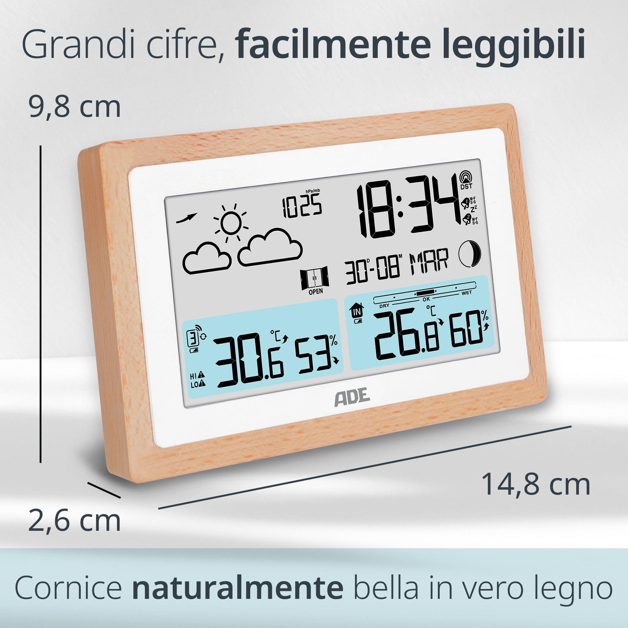 ADE Stazione meteorologica digitale con sensore esterno | temperatura interna/esterna | igrometro, barometro, previsioni tempo | raccomandazione di ventilazione | sveglia | alimentatore incl.