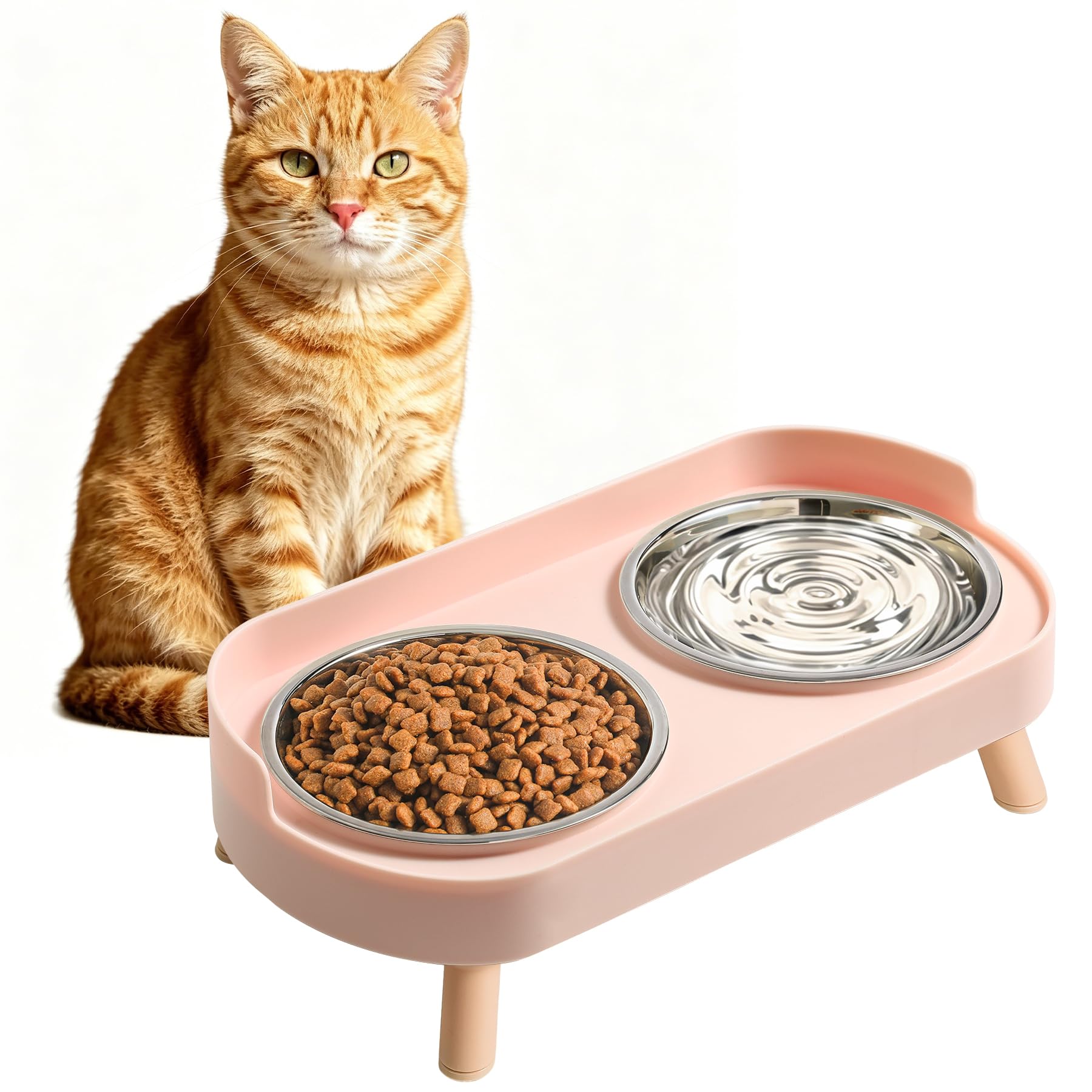 LoeJan Elevated Cat Bowls Set - Raised Cat Food and Water Bowl Set with Non Slip Stand - Pet Feeding Station with 2 Stainless Steel Bowls with Splash Proof Guard (Pink)