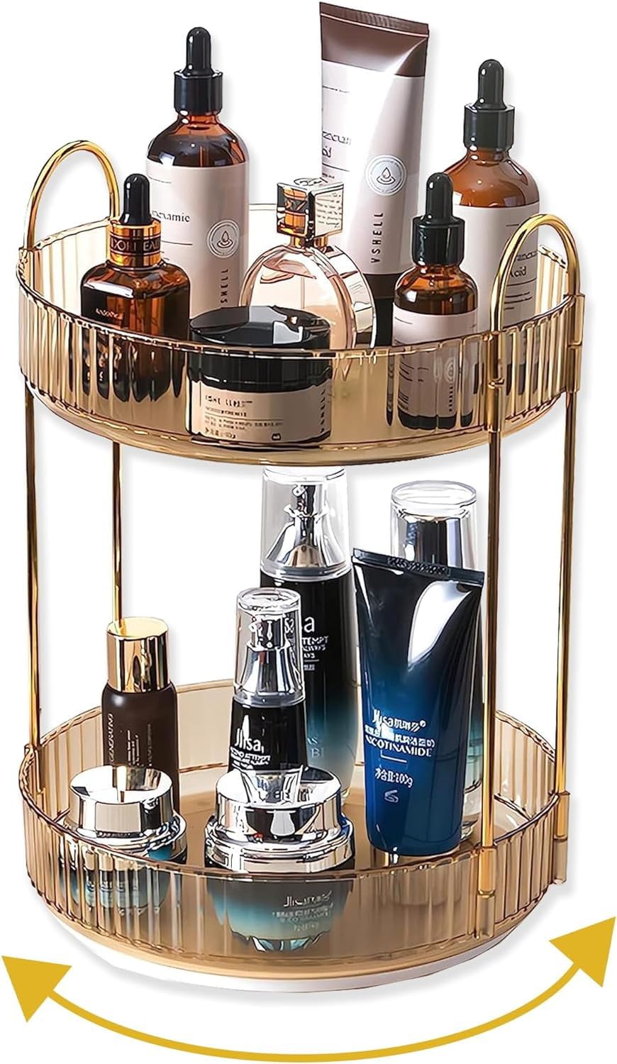 ZODZE 360 Rotating Makeup Organizer, Large Capacity Bathroom Organizer Countertop, 2 Tiers Make Up Organizers and Storage for Vanity, for Perfume, Skincare, Cosmetics, Lipsticks (Amber, 2 Tier)
