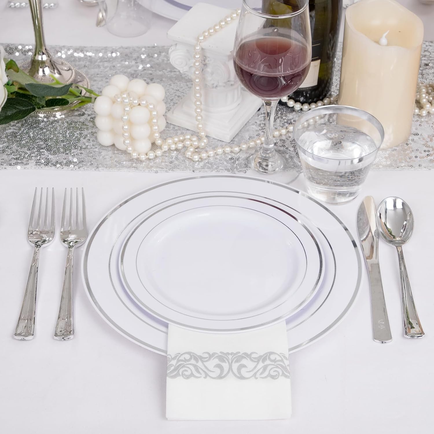 I00000 700 Piece Silver Dinnerware Set for 100 Guests-100 Dinner Plates, 100 Dessert Plates, 100 Disposable Cups 10 oz, 100 Paper Napkins, 100 Plastic Silverware Set Perfect for Party & Wedding