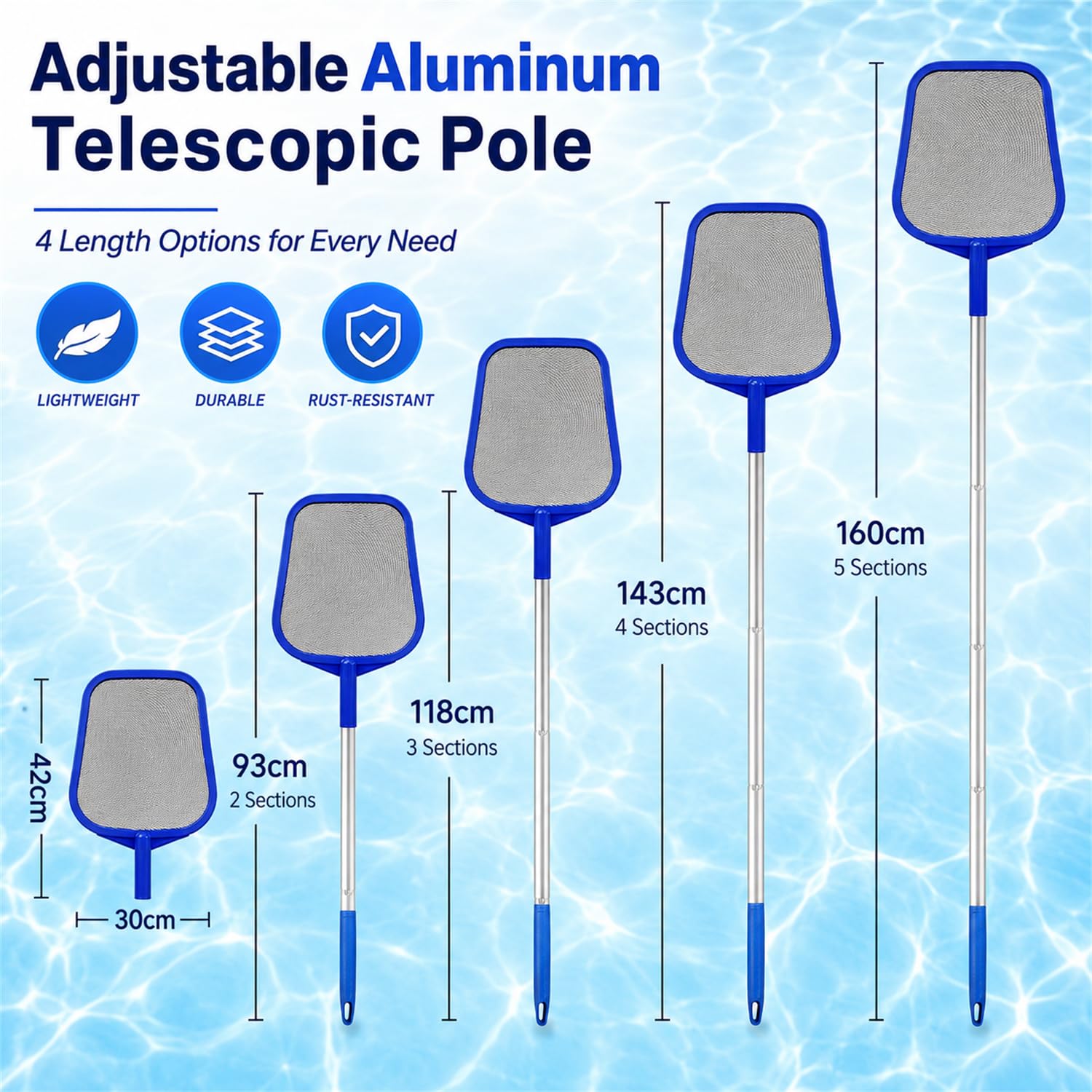 Retino Piscina con Asta Telescopica Regolabile, Asta in Alluminio 5 Sezioni, Maglia Fine per Pulizia Foglie e Detriti in Piscine, Hot Tub, Spa e Laghetti