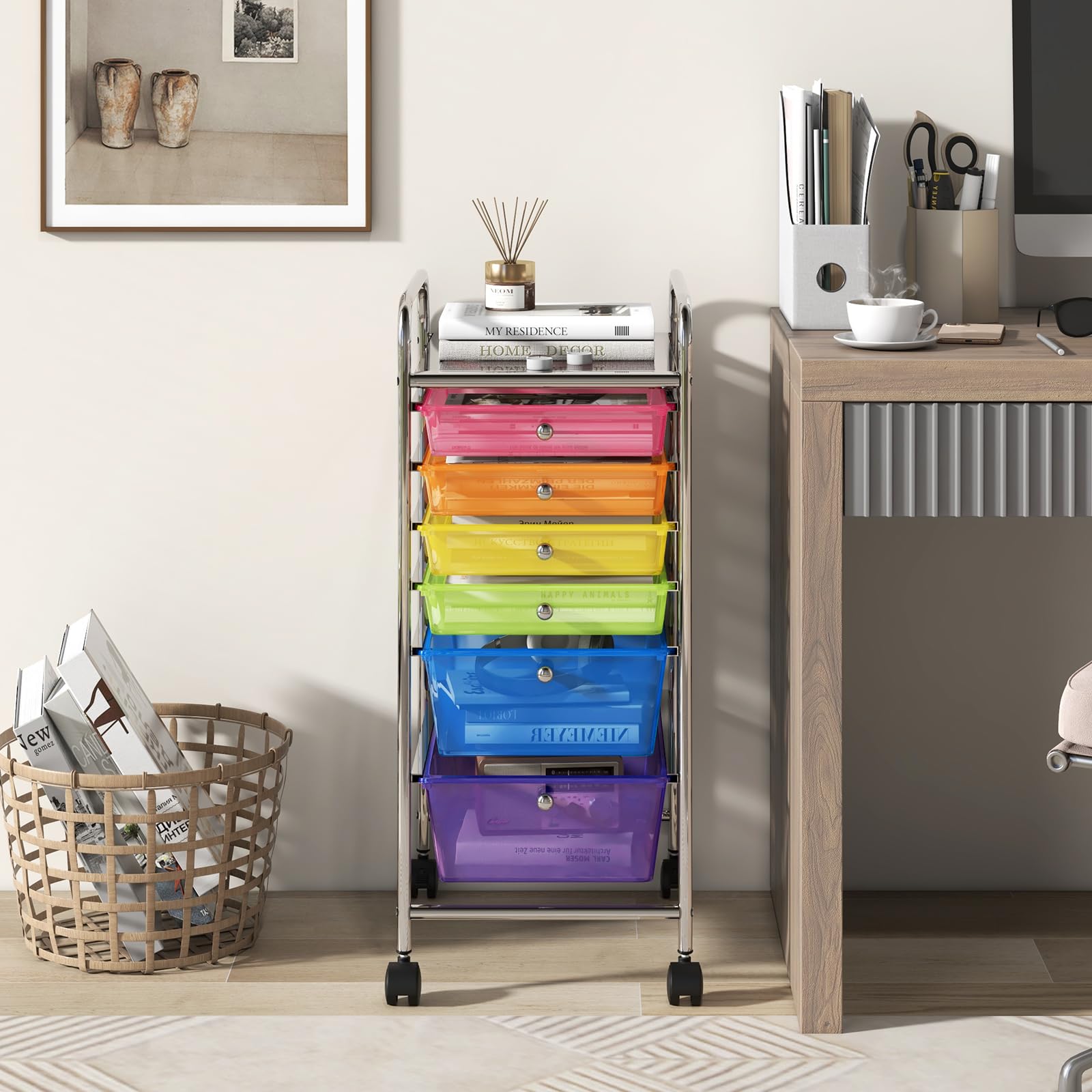 KOMFOTTEU Meuble à 6 Tiroirs à Roulettes Verrouillables, Chariot de Rangement en Plastique, Organisateur pour Bureau, Salle de Bains, Salon, Coloré Transparent