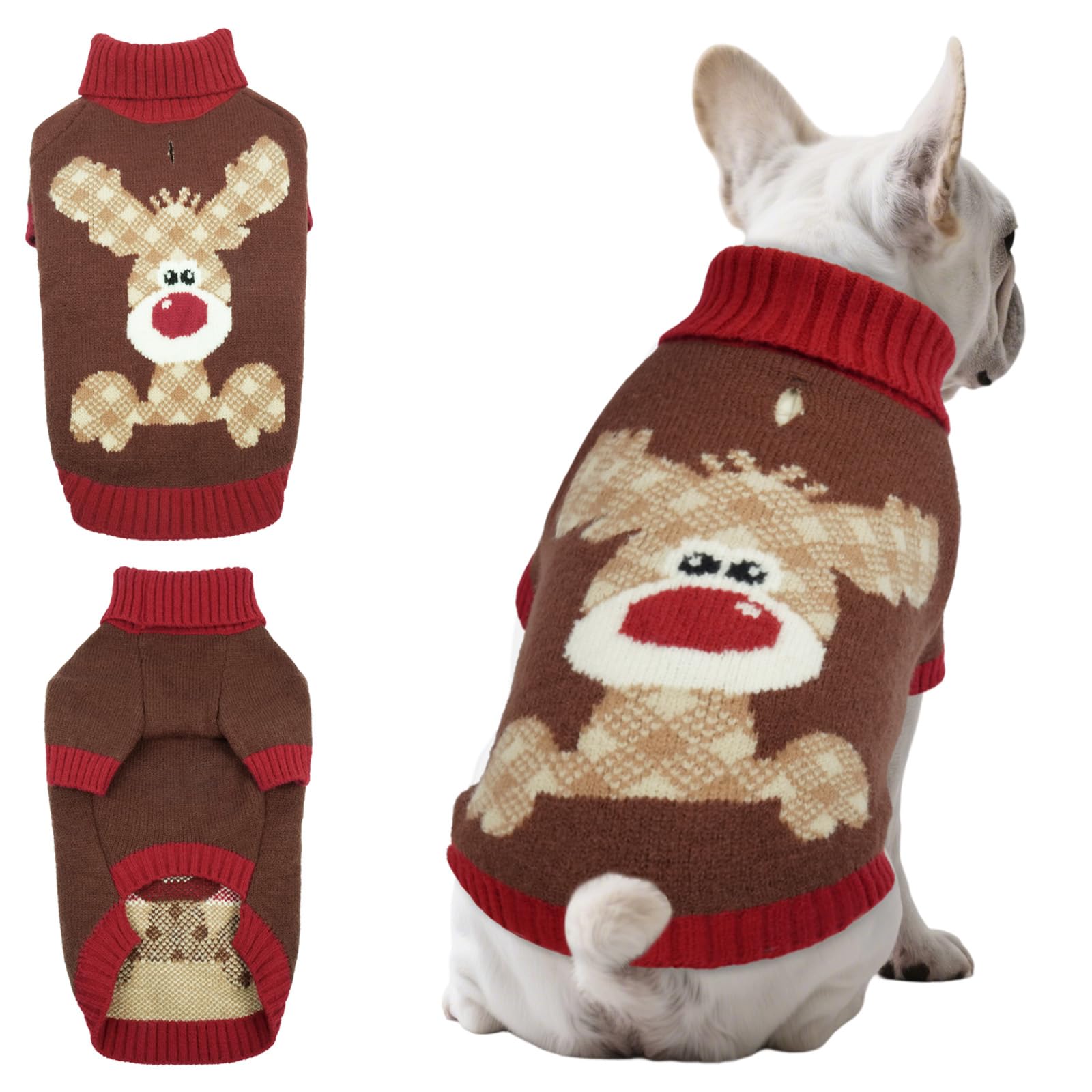 Hjumarayan Christmas Dog Jumper, Festive Reindeer & Tartan Knit, Thick & Warm with Leash Hole, High Neck