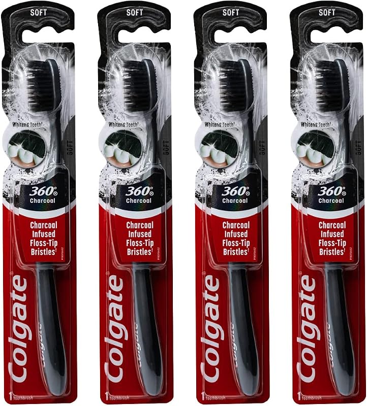 Colgate 360 Charcoal Infused Toothbrush, Floss-Tip Bristles, Soft (Colors Vary) - Pack of 4