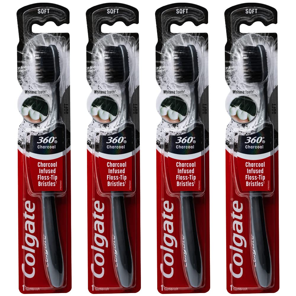 Colgate 360 Charcoal Infused Toothbrush Floss-Tip Bristles Soft Colors Vary - Pack of 4