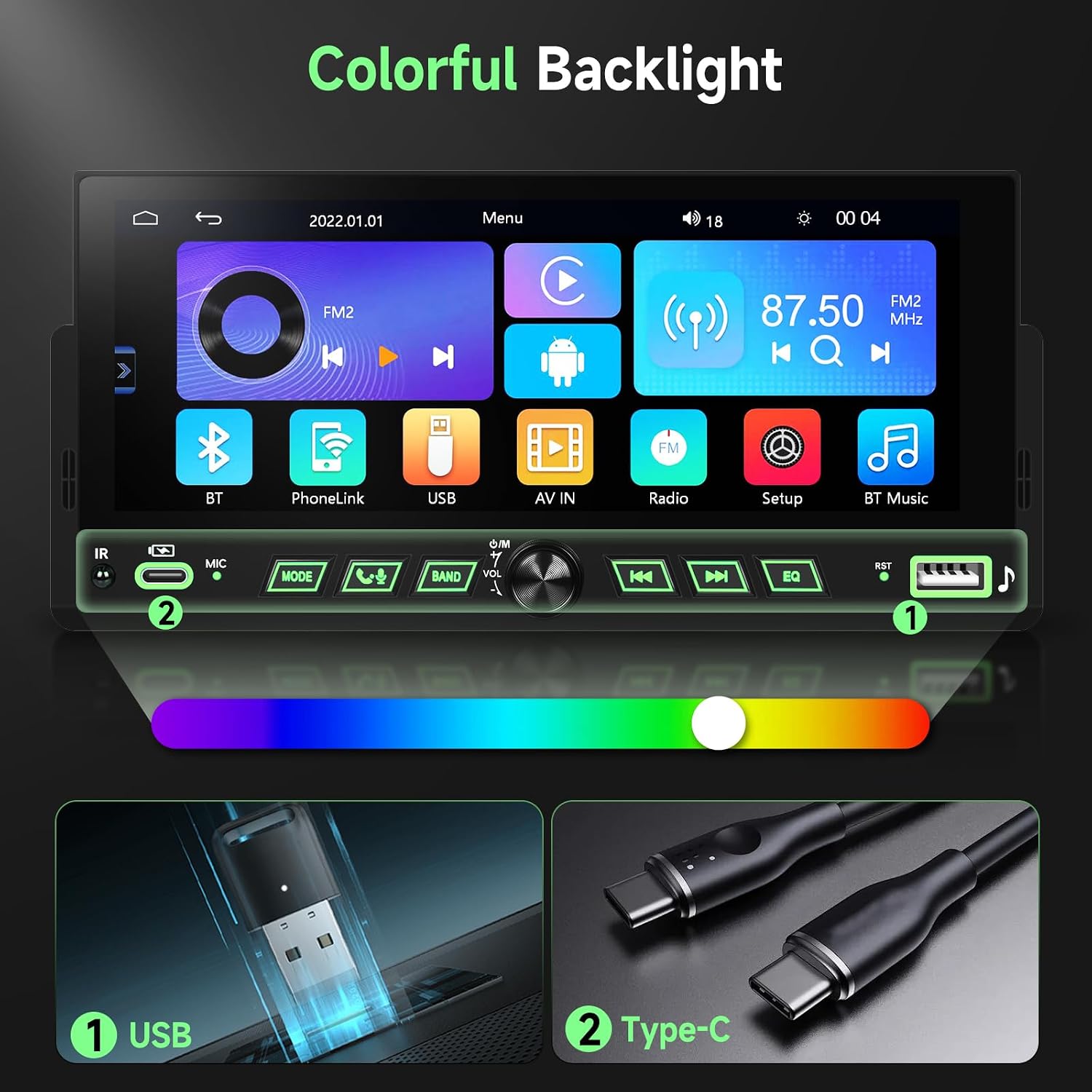 6.86" Single Din Touch Screen Car Stereo with Wireless Carplay and Android Auto, Universal Car Radio 1 DIN HD MP5 car Player Bluetooth Mirror Link Steering Wheel Control EQ FM USB Type-C