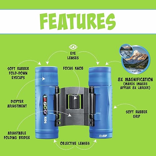 Miniatura 9 de Tasco Prismáticos para niños de 8 x 21 pulgadas, prismáticos compactos para niños de 3 a 12 años, ideales para aventuras, senderismo, campamento,