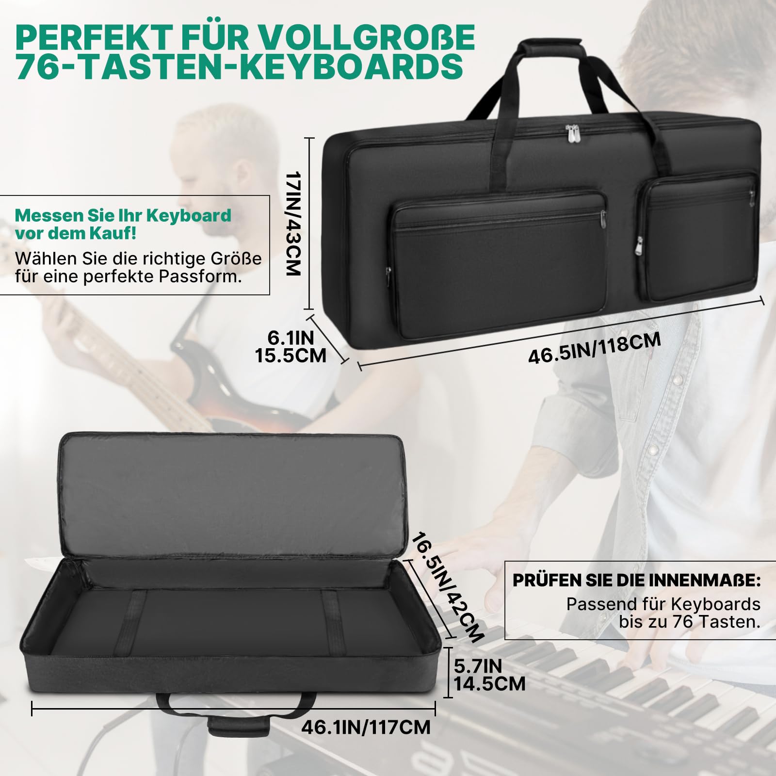 SUNDOY Custodia per tastiera – Gig Bag in robusto tessuto Oxford 600D, imbottitura in schiuma da 8 mm, perfetta per il trasporto di tastiere, accessori musicali e altro ancora (73/76 tasti)