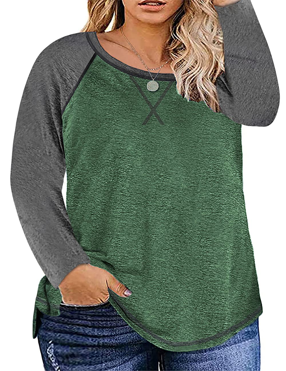 MAYFASEYPlus Size Tops for Women Long Sleeve Crewneck Raglan T-Shirt Color Block Casual Loose Tee Tops 1X-5X, B-green, XL
