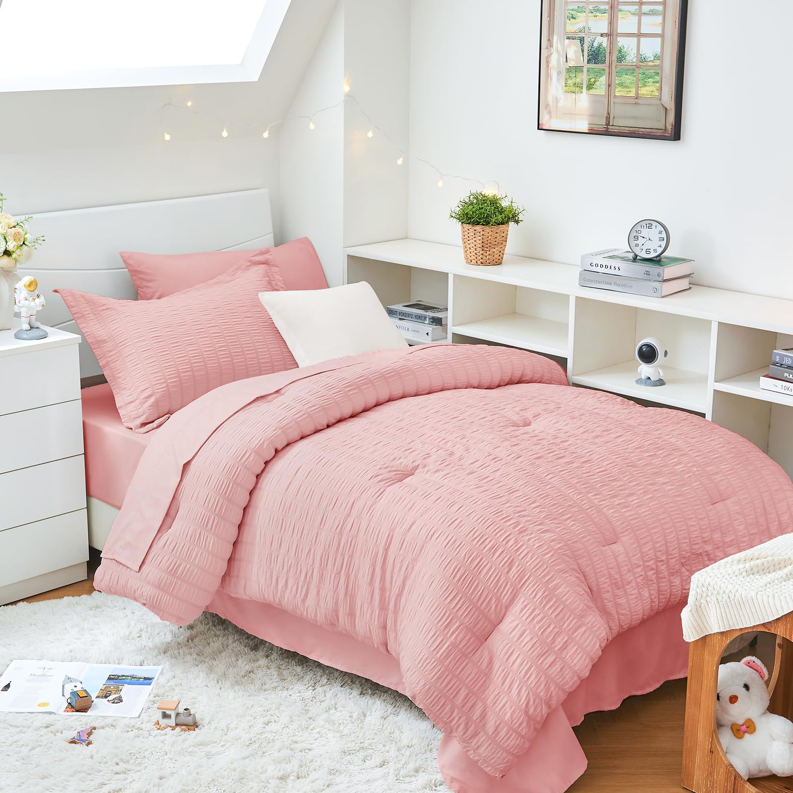 HYMOKEGE Rose Pink Twin XL Comforter Set Seersucker 5 Pieces, All Season Luxury Bed in a Bag for Bedroom, Bedding Set with Comforter, Sheets,