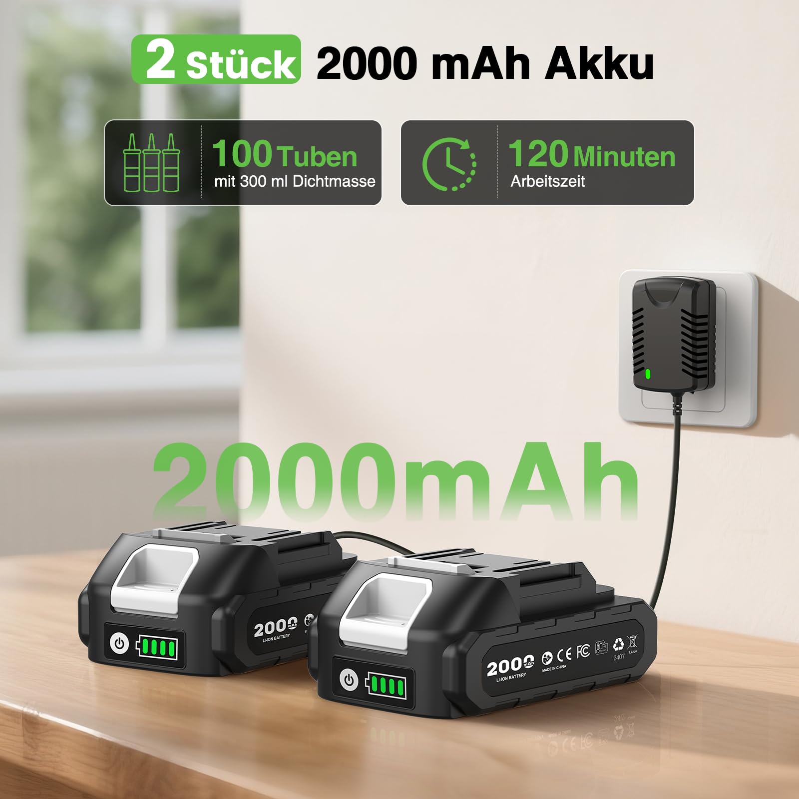 Taskstar Kartuschenpresse Akku mit 2 Akkus und LED-Licht, Akku Silikonpistole Kompatibel mit Makita 18V Akkus für 300ml-Kartuschen zum Verstemmen und Abdichten(Grün) | 2026 Kartuschenpresse Akku mit 2 Akkus und Bürstenloser Motor