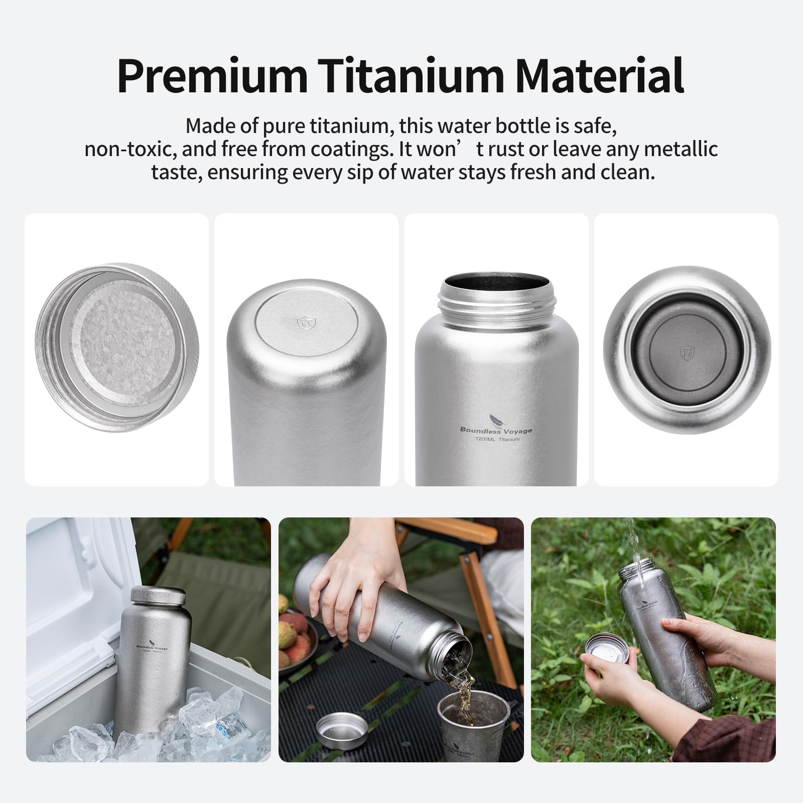 Bouteille d'eau en titane - 1,2 l - Grande capacité - Bouteille d'eau portable pour camping, randonnée, cyclisme, voyage, sports de plein air (Ti lid + cristal argenté)