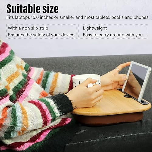 Miniatura 2 de Escritorio para laptop, mesa de cama de bambú para laptop con almohada para dormir hasta la rodilla, escritorio portátil con tira antideslizante,