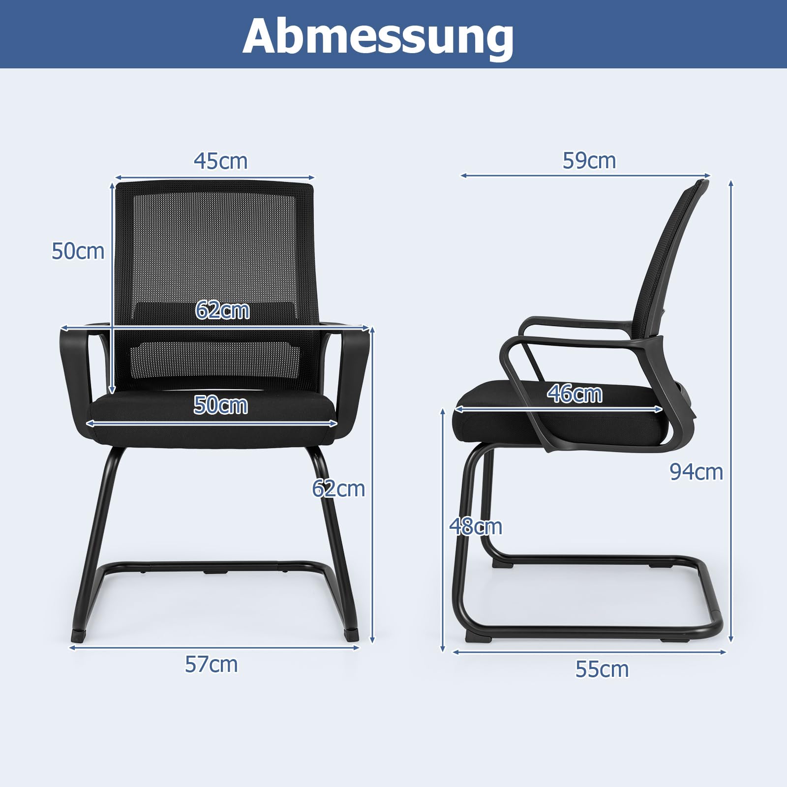 COSTWAY Freischwinger Stühle 2er Set, Schwingstühle mit Armlehne & Lendenwirbelstütze, Bürostühle, Konferenzstühle, Besucherstühle für Büro, Konferenzraum, Arbeitszimmer