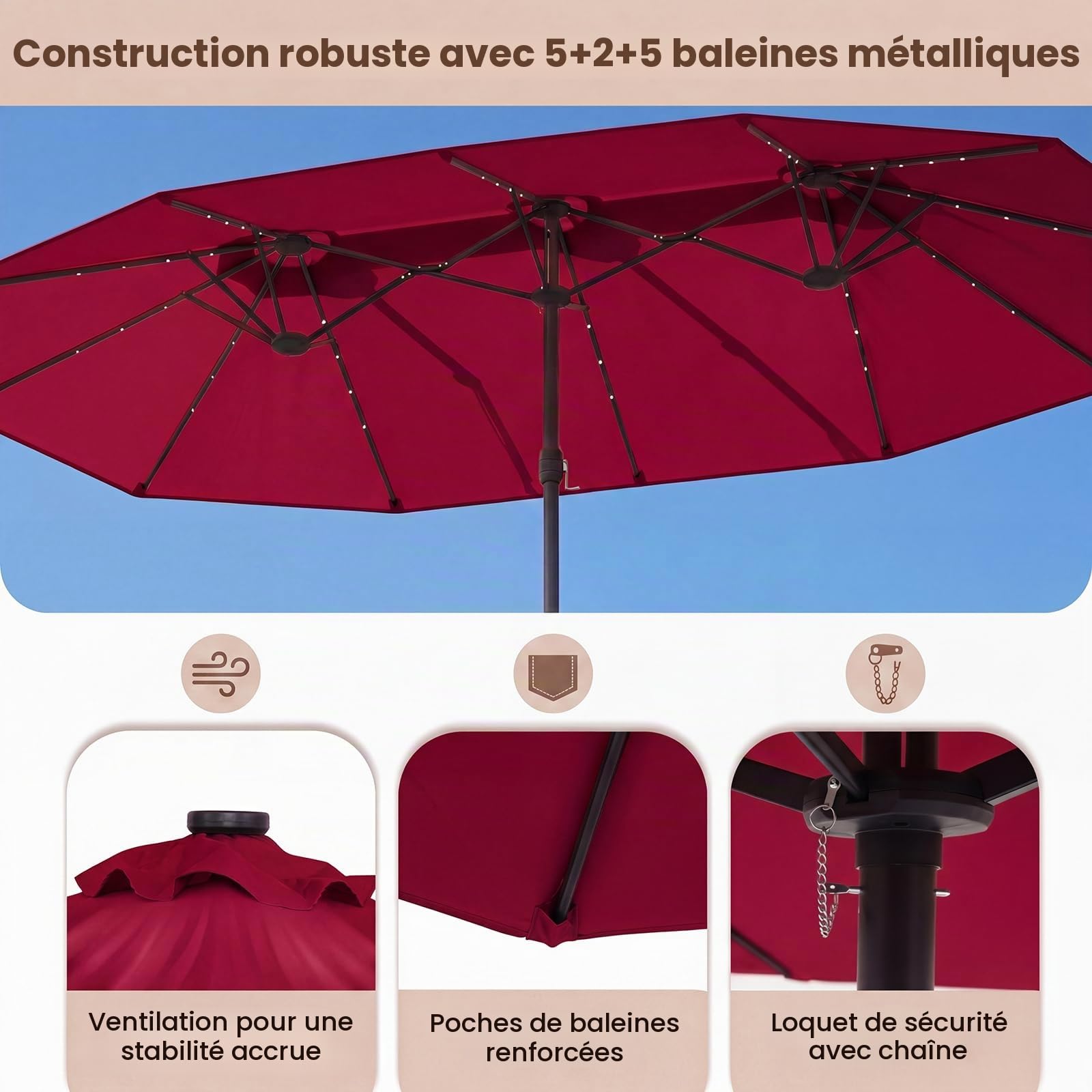 GOPLUS Parasol de Jardin Exterieur avec Pied, 4,6x2,8M Grand Parasol Double avec 48 LED Solaires, Manivelle, 12 Baleines, Protection Solaire, pour Terrasse Marché Patio