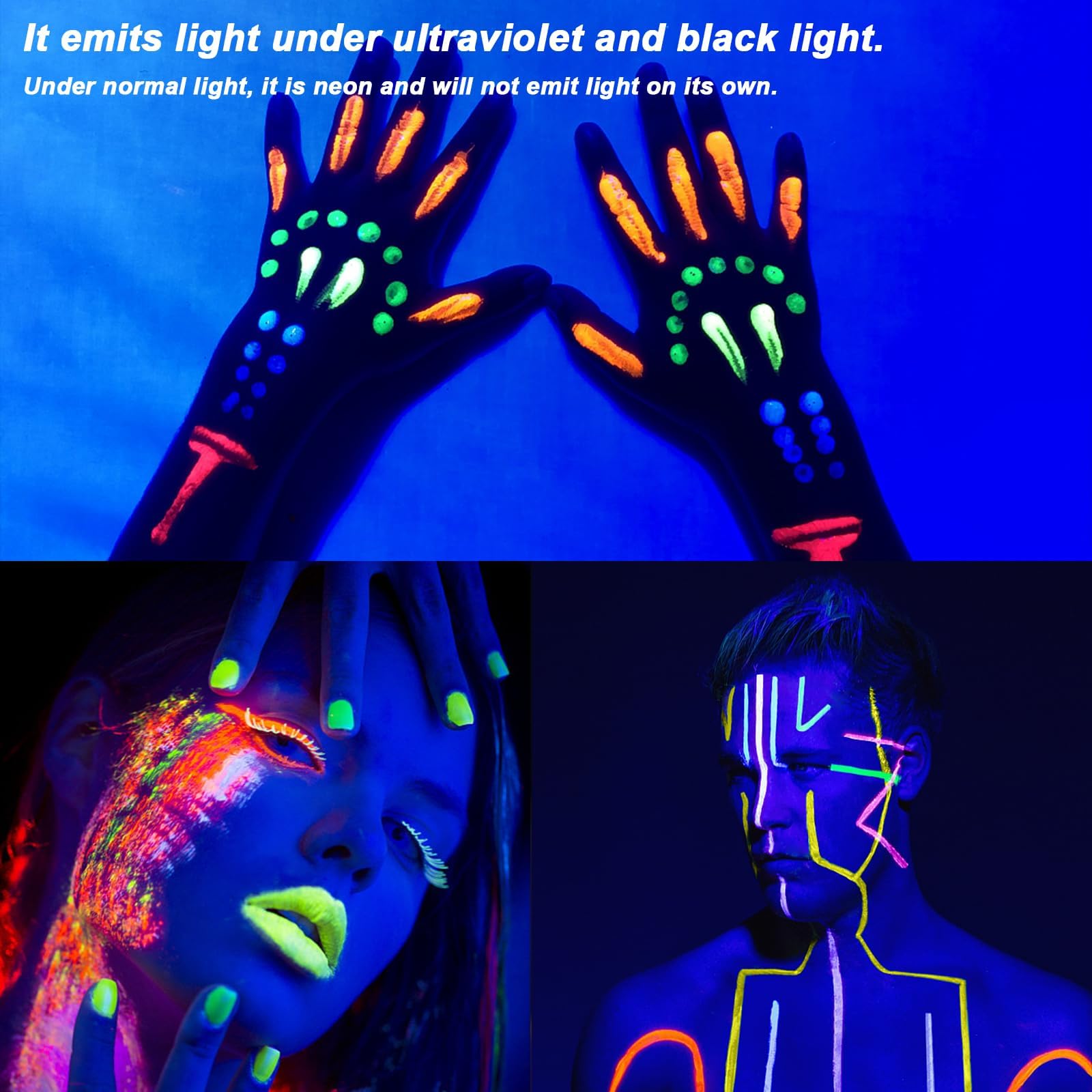 Zestaw 12 kolorów neonowych farb do makijażu dla dzieci, nadające się do prania, farby do ciała, kredki na Halloween, karnawał, UV bodypainting, makijaż