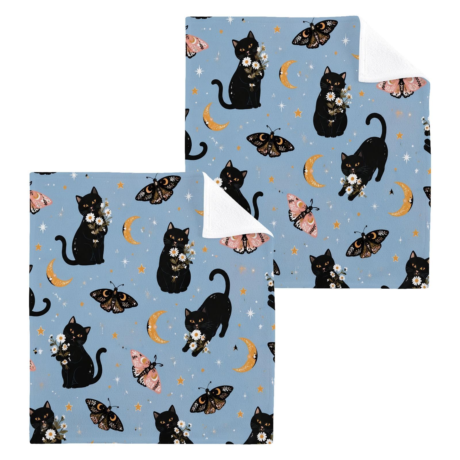 BOESI Black Cat Moon 12x12in Cotton Washcloth,Soft Absorbent Face Towel