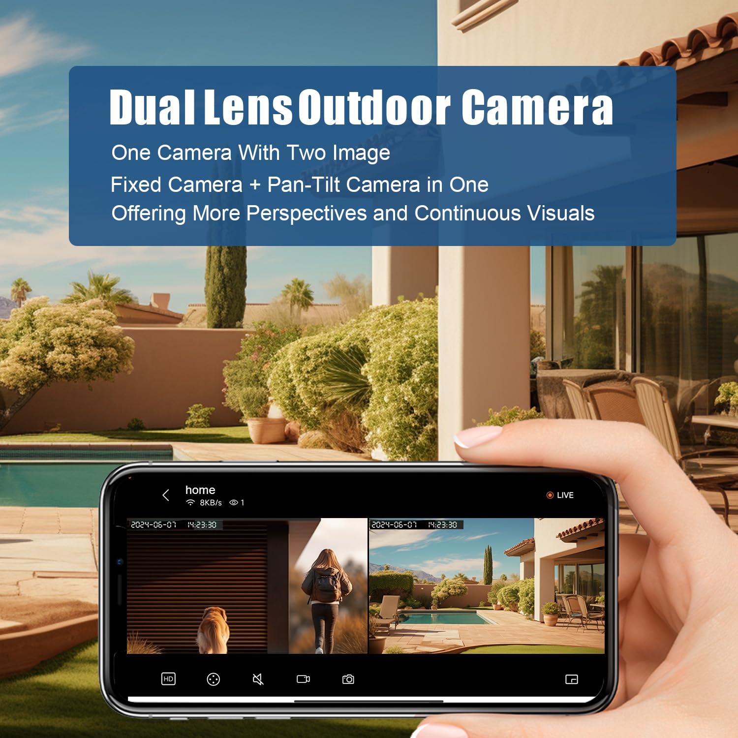 Telecamera WiFi per esterni con doppia lente per la sicurezza domestica, telecamera di sorveglianza wireless 2.4G, Motion Tracking, visione a 360°, audio a 2 vie, SD/Cloud,