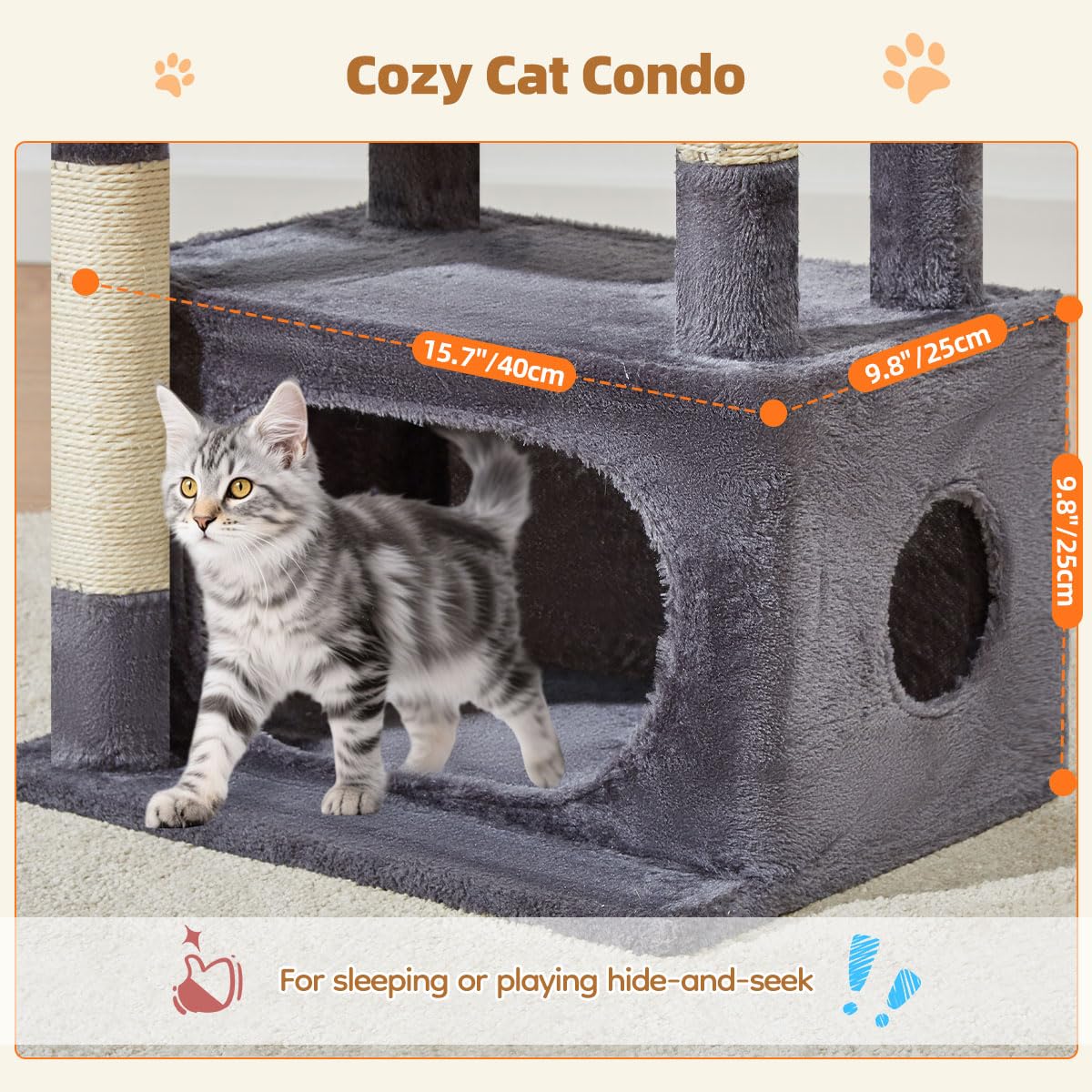 Taoqimiao Tiragraffi per Gatti, 98cm Stabile Albero Tiragraffi per Gattii con 1 Grotte, 1 Cestini, 4 Pali Graffiatoi, 1 piattaforme, Materiale di Flanella Morbida, Grigio Scuro MS029SG