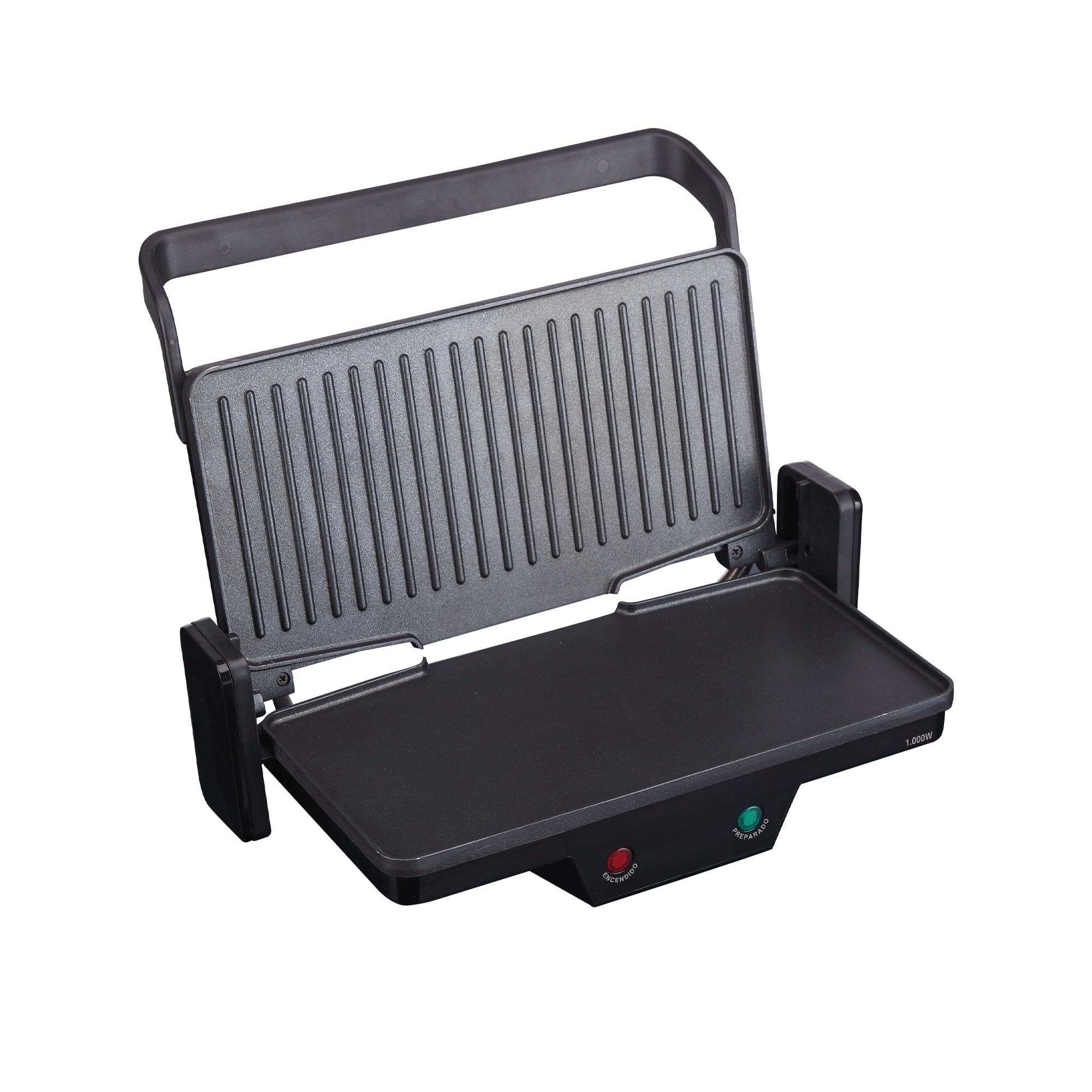 JATA GR266 - Parrilla Electrica Grill. Plancha Eléctrica 3 en 1. 1000 W, Placas Mixtas Antiadherentes 27 x 14 cm, Placa Superior Baja Recta. Apertura 180 grados, libre de PFOA