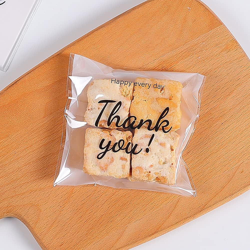 100 Pcs Self Adhesive Cookie Bags, with Thank You sign,Searik White Polka Dot Plastic Pastry Bags for Giving Bakery Candy Cookie Chocolate (4 x 4 Inches, 100 Pcs)