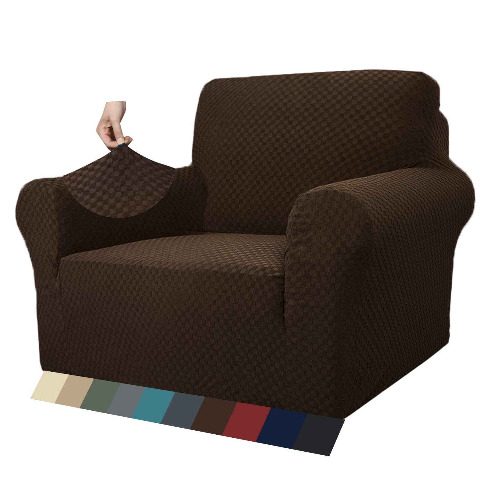 MAXIJIN Newest Jacquard Chair Covers for Living Room, Super Stretch Non Slip Chair Slipcover with Arms Dogs Pet Friendly 1-Piece Elastic Sofa Couch Protector Armchair Cover (1 Seater, Dark Coffee)