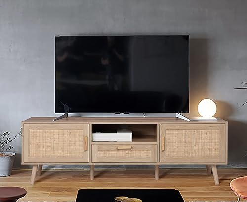 Finnhomy Soporte de TV bohemio de 59 pulgadas para TV de hasta 70 pulgadas, consola de TV con 2 puertas decoradas de ratán hechas a mano, mesa de TV