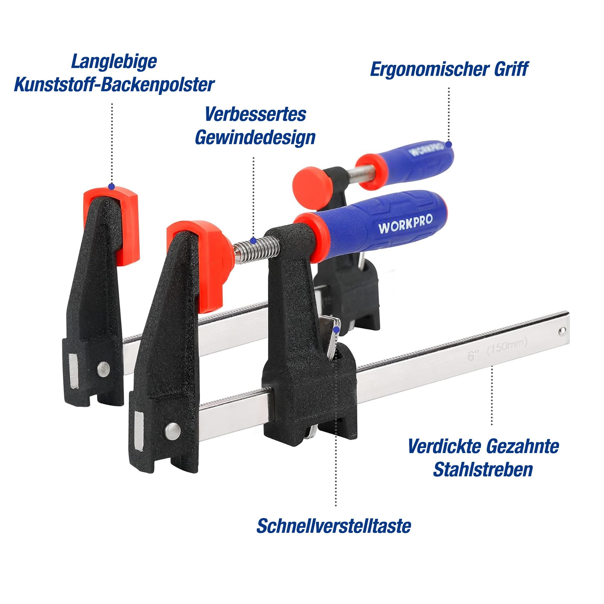 WORKPRO Schraubzwingen Set 4 Stück Spanner, Schraubzwingen-Sets mit Spannweite 150mm/300mm, Spannkraft 272kg, Ausladung 60mm, Stahl und Nylon für Holzbearbeitung präzises Fixieren von Holzwerkstücken