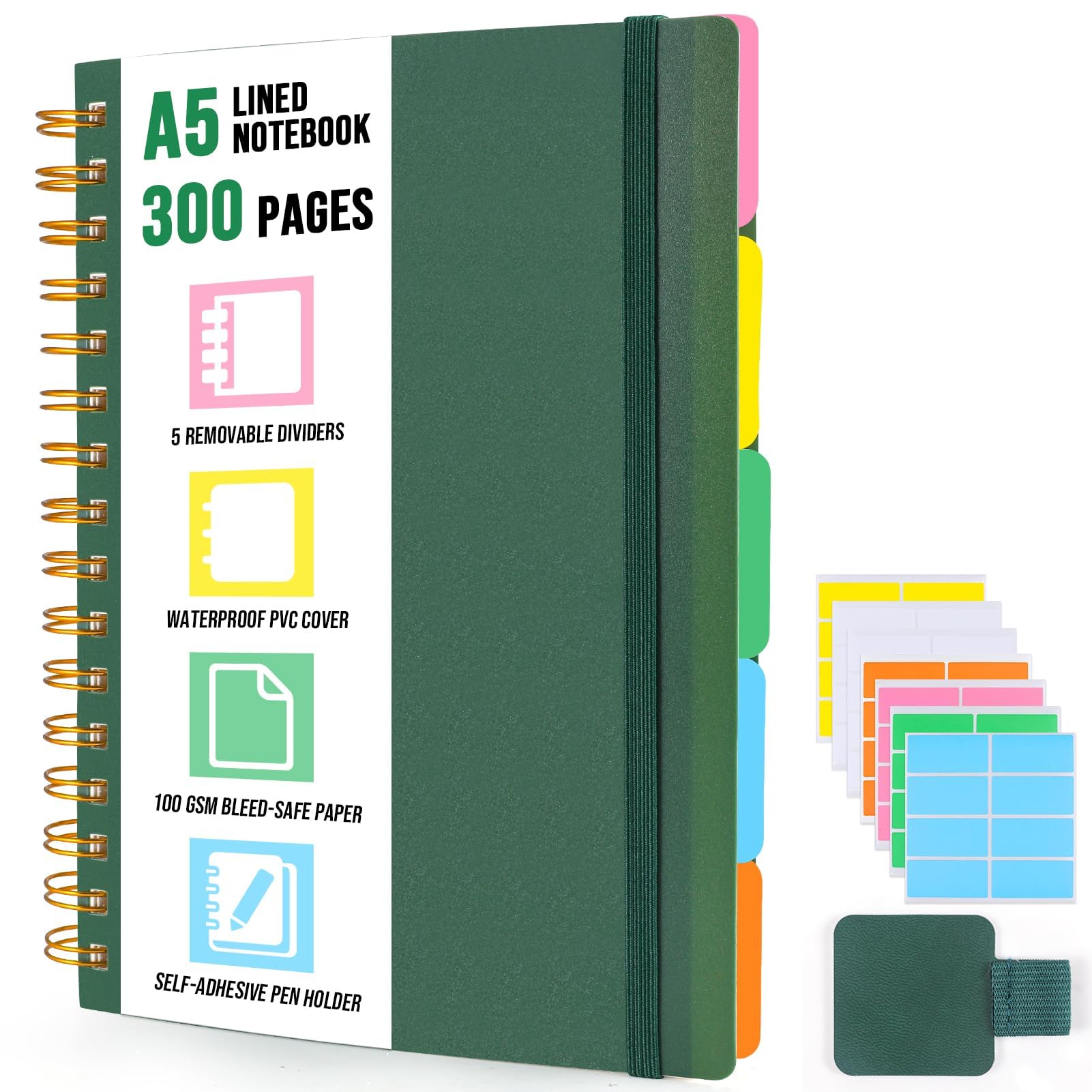 ihaspoko A5 Notebook with Dividers, 100GSM No-Bleed Paper, 300 Pages, PVC Hardcover