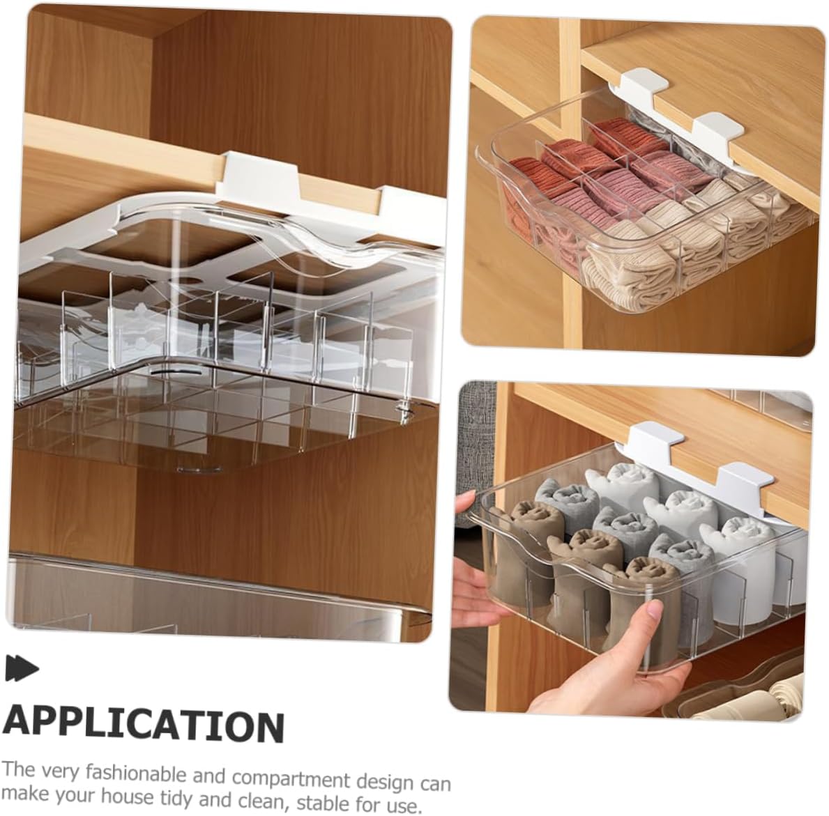 Adhesive Under Shelf Drawer Storage Box with Transparent Compartments Multi Purpose Wardrobe Organizer for Socks and Underwear Easy to Install Hanging Holder for Closet and Cabinet