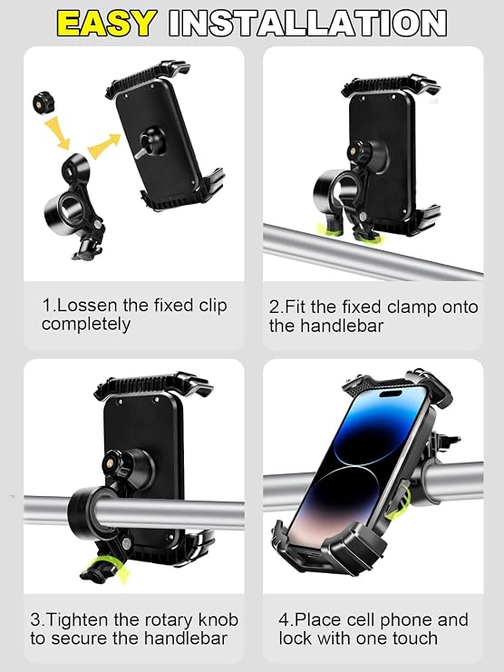 Motorcycle Phone Mount,Handlebar Phone Holder for Bike,360Rotation,Silicone Wrapped Phone Clamp,One-Touch Quick Lock Scooter Stroller Bicycle Phone Holder,4.7- 6.8Phones,Thick Cases Friendly