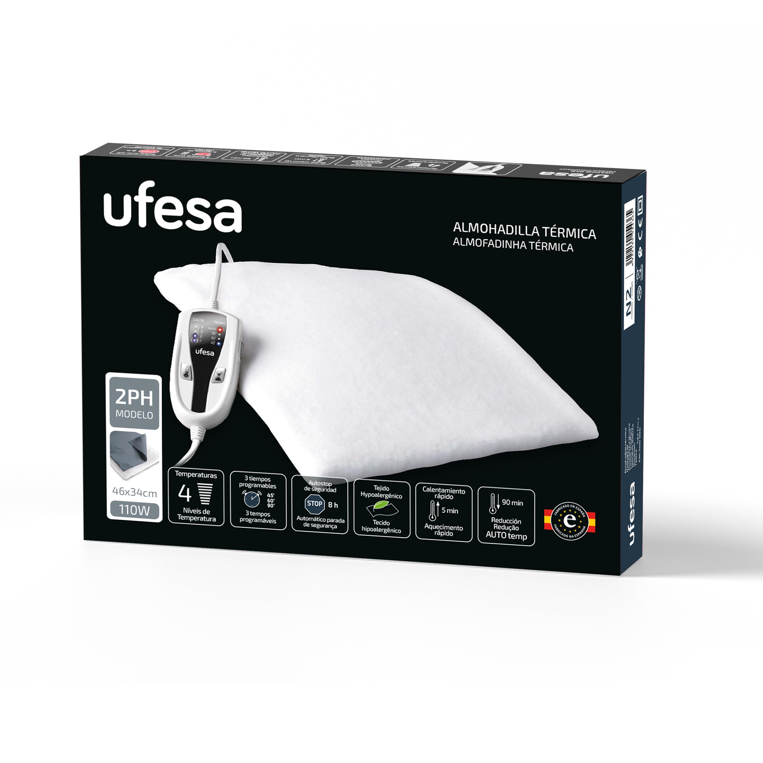 Ufesa 2PH - Cuscinetto termico elettrico, 46 x 34 cm, 100 W, 4 livelli di temperatura, timer, spegnimento automatico, custodia in tessuto grigio