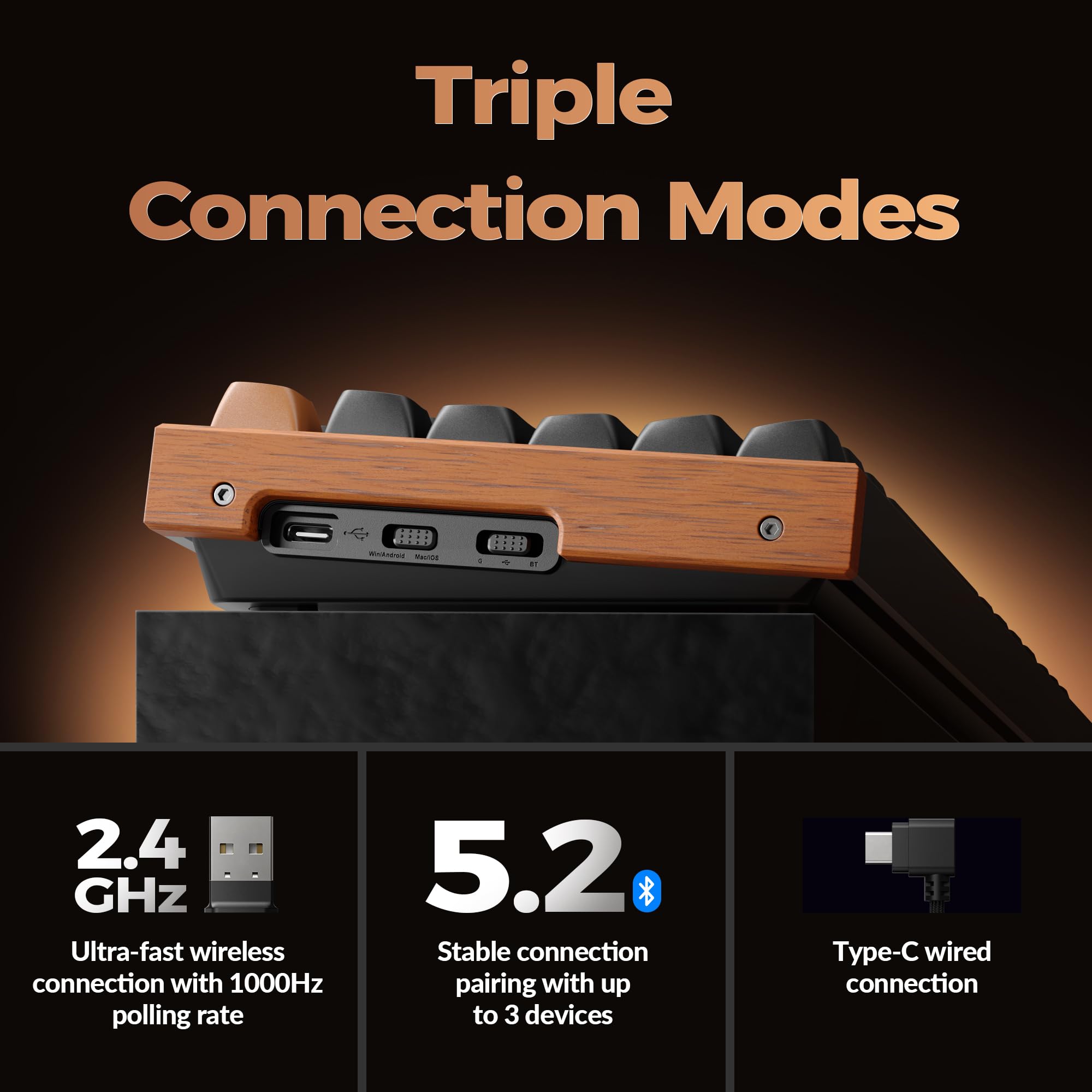 Keychron K8 HE Mechanical Keyboard TKL Wireless Bluetooth 2.4G Wired Triple Mode, Hot Swappable Hall Effect with QMK VIA Aluminum+Wood Frame Rapid Trigger for Mac Windows Linux - Black UK Layout — view 3