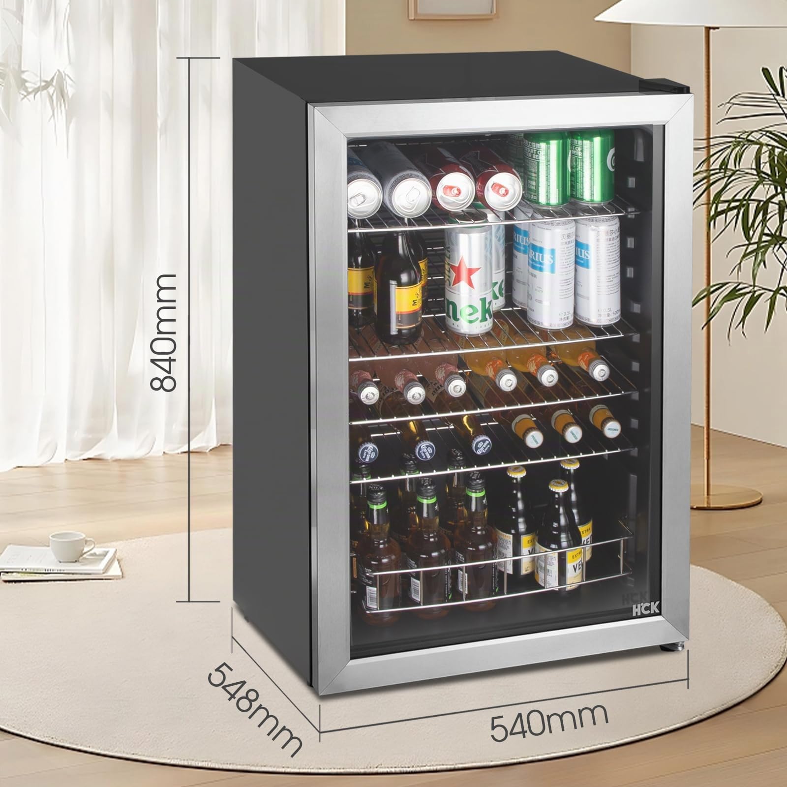 HCK Refrigerador de Bebidas Independiente de 115L con Puerta de Vidrio Doble, Temperatura Ajustable de 0-10℃, 4 Estantes Removibles para Cerveza y Bebidas