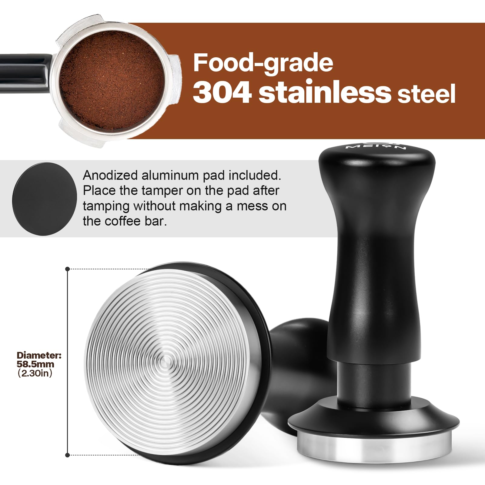 MEION Apisador de café de 58,5 mm, calibrado de doble resorte con base de acero inoxidable, viene con almohadilla de almacenamiento de aluminio (58,5 mm, negro)