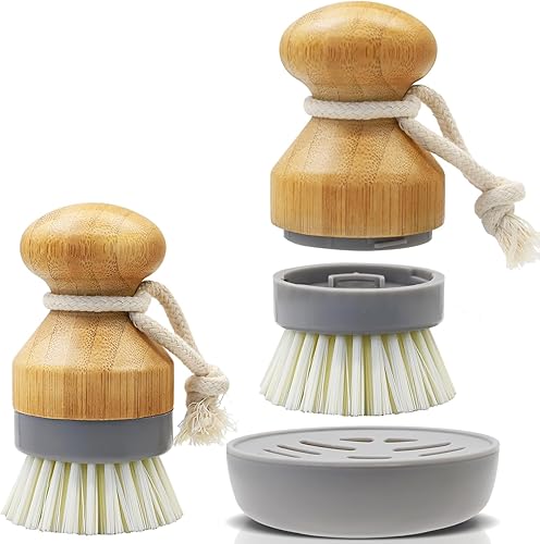 Cepillo de palma de bambú con soporte, paquete de 2 cepillos de limpieza reemplazables de madera RIMAY para lavar platos, juego de utensilios de