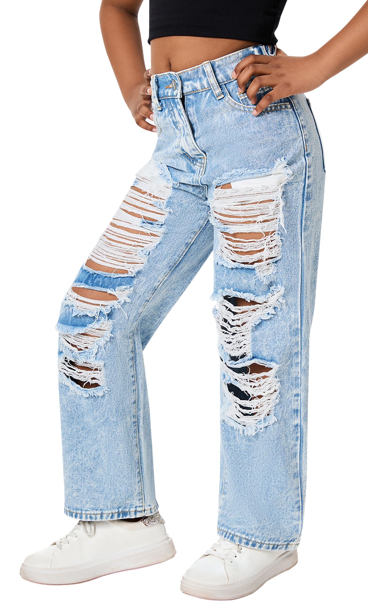SEAUR Jeans strappati da ragazza, taglio largo, con elastico in vita, Y2K Baggy Denim Jean Pants Straight 130-160 = (EU 122-158)