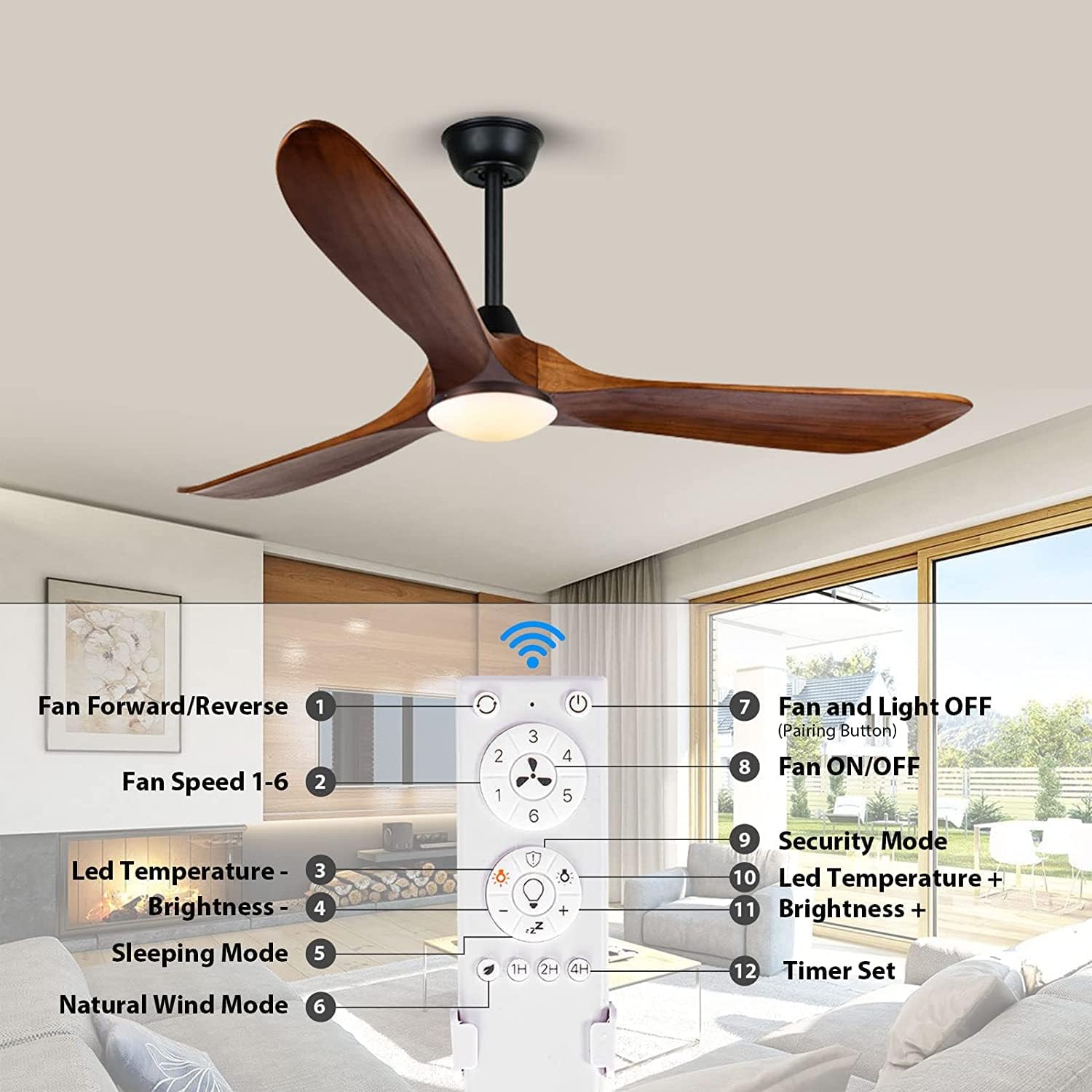 60 inch Outdoor Ceiling Fan for Patios with Light, Farmhouse Rustic Ceiling Fans with Lights, 3 Blades Wood Ceiling Fan Damp Rated Large Airflow Propeller Ceiling Fan for Exterior House Porch Gazebo