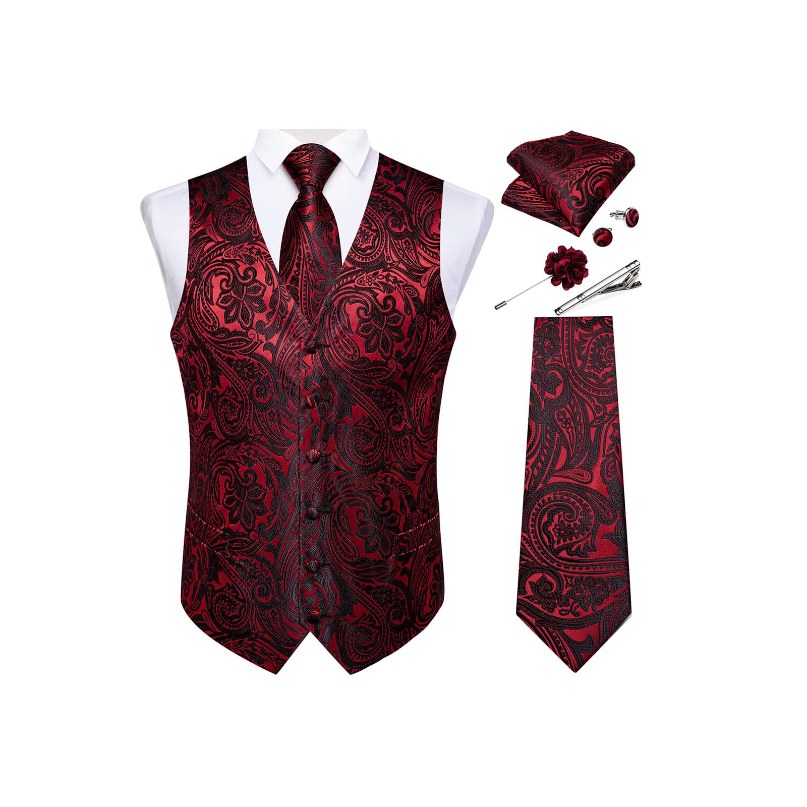 DiBanGu Mens Vest and Tie Set Formal Paisley Waistcoat and Necktie Pocket Square Cufflinks Silk Suit Vest for Tuxedo Wedding
