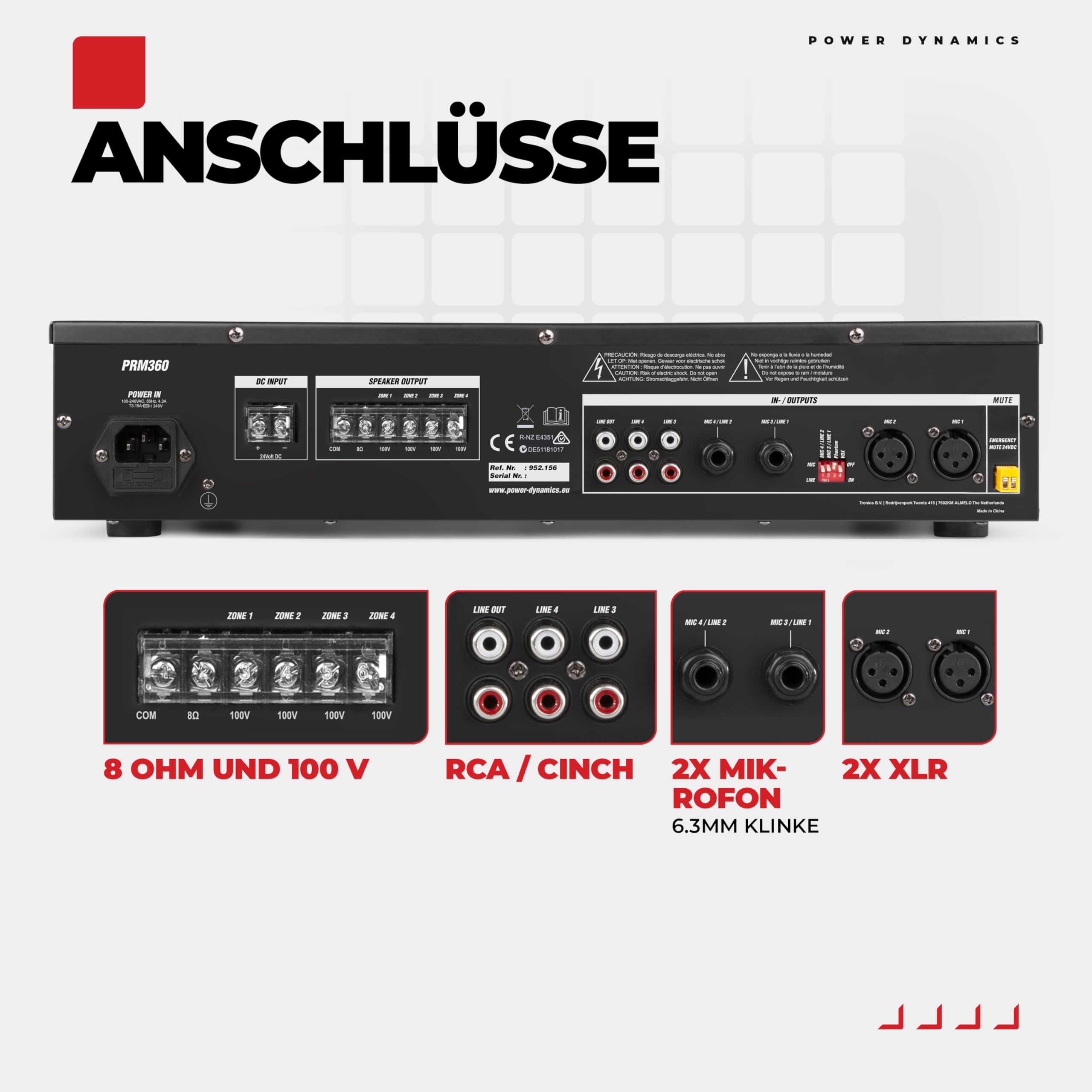 Power Dynamics PRM360 PA Endstufe - Verstärker für Lautsprecher und Musikanlagen, 100 Volt System, 360 Watt PA Verstärker, Bluetooth, MP3-Player, USB, SD, 2x Mic, Soundverstärker