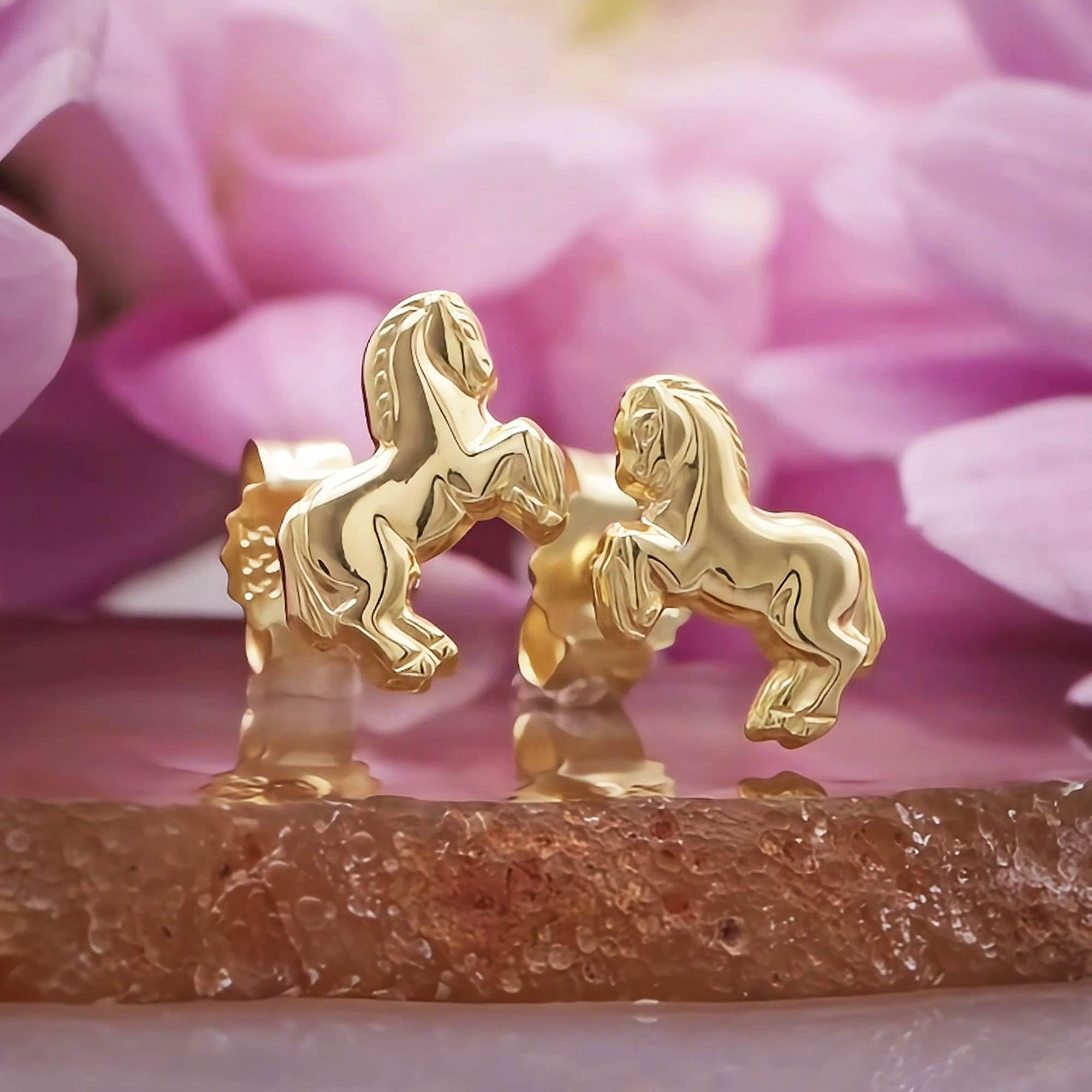CLEVER joyas de oro pendientes par "pequeño caballo saltando, parte trasera cerrada" brillante de oro 333