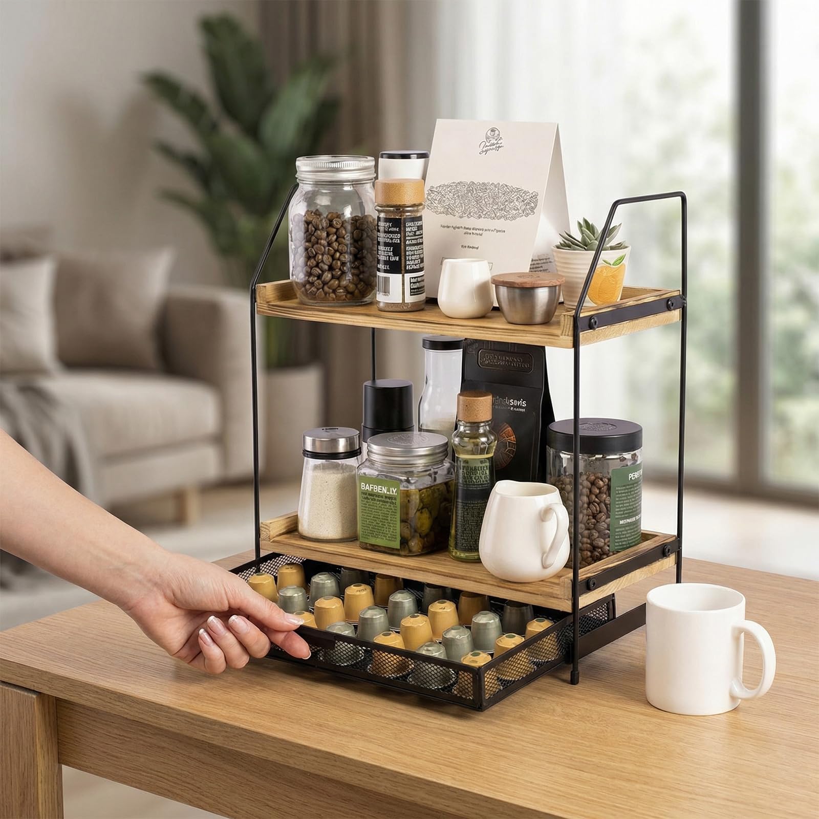 Organizador de estación de café para encimera, organizador de accesorios de barra de café de madera de 2 niveles con caja de almacenamiento, estante grande de encimera de cocina para jarabe de café