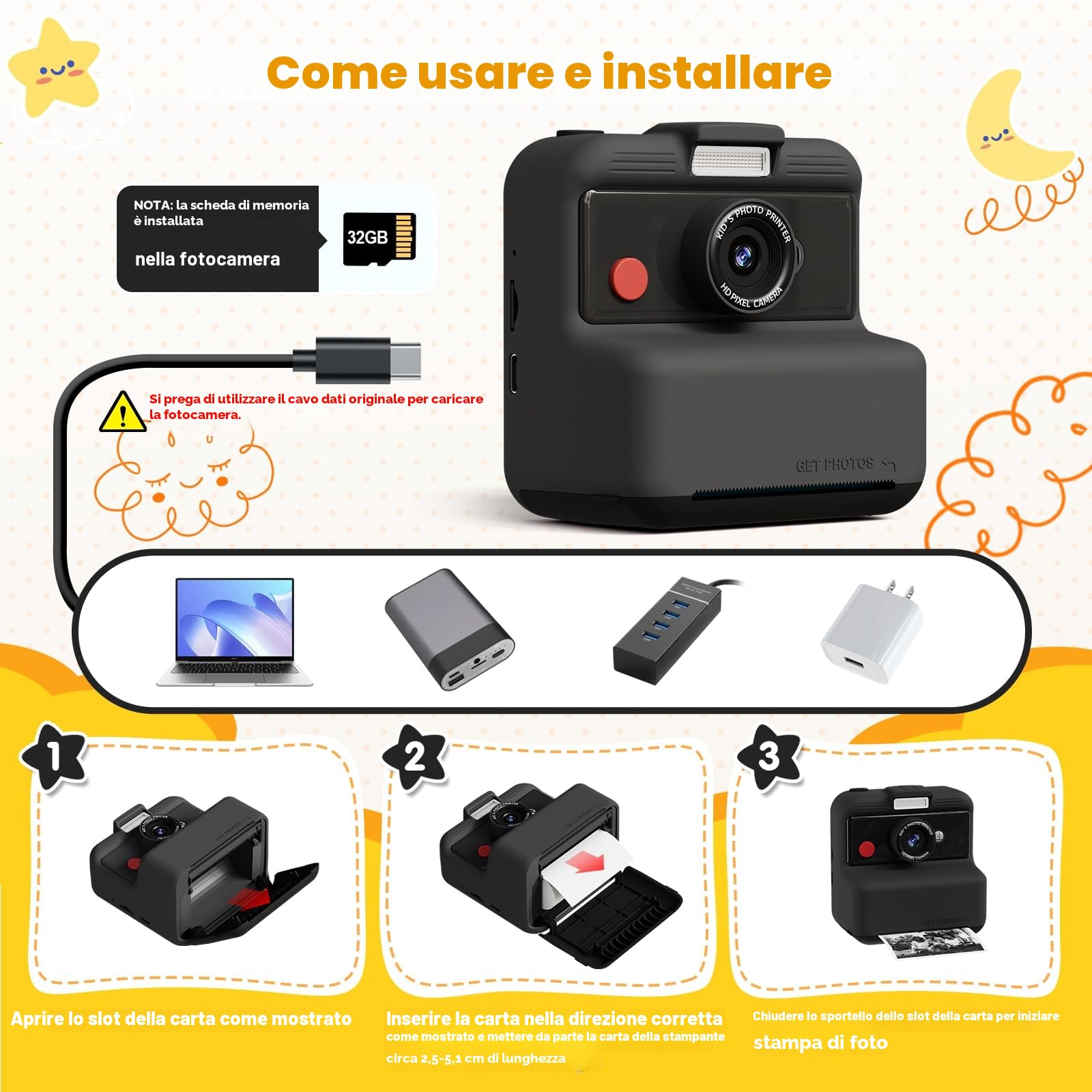 CAMCLID Macchina Fotografica Istantanea Bambini 48MP 2,5 UHD 3,0 Pollici con Scheda 32GB Nero