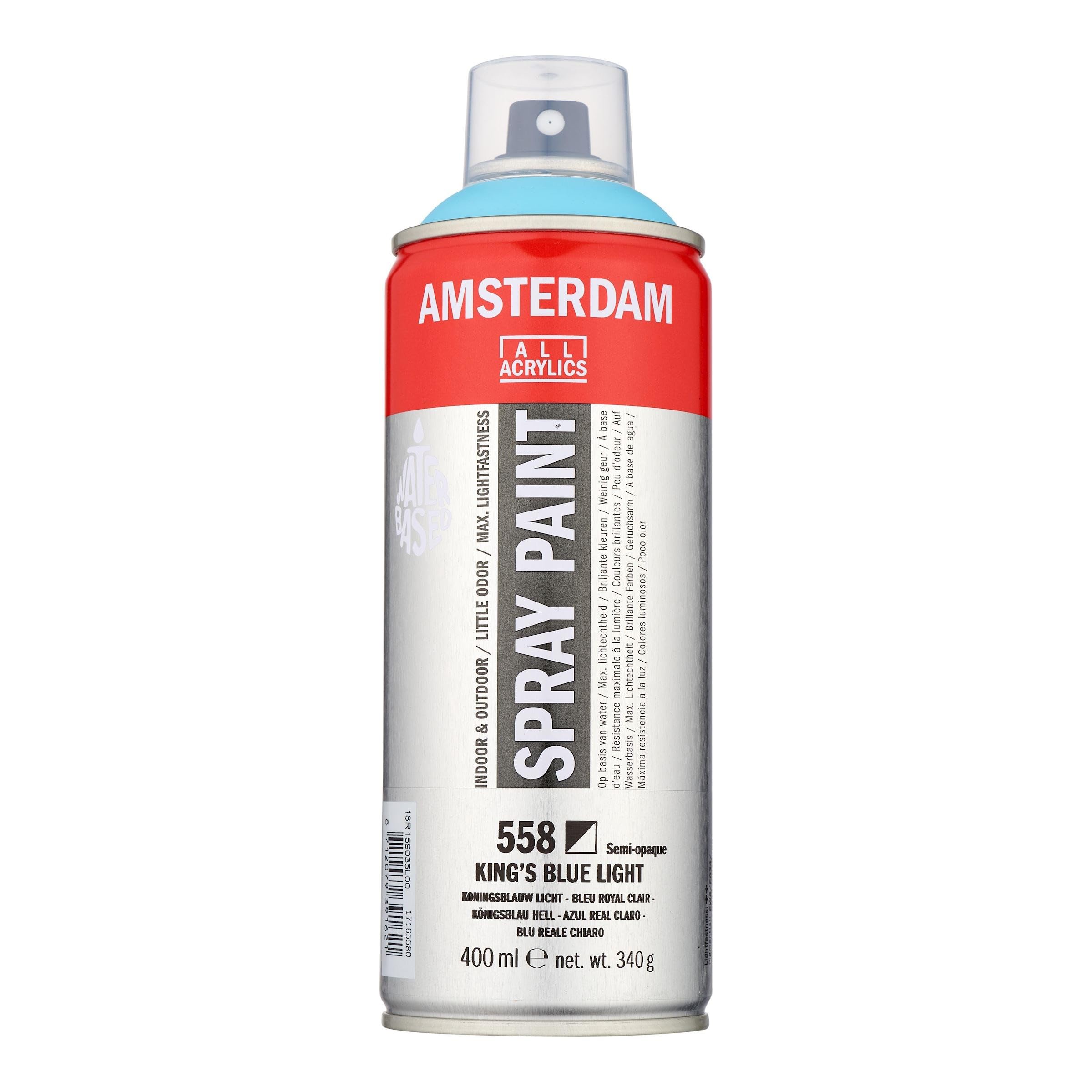 Amsterdam King's Blue Light Spray Paint - 400 Ml - 558 - Semi-Opaque - Water-Based Formula - Lightfastness ++ - Low Odor & Solvent-Free - High-Quality Pigments - Versatile Use - Made In Europe