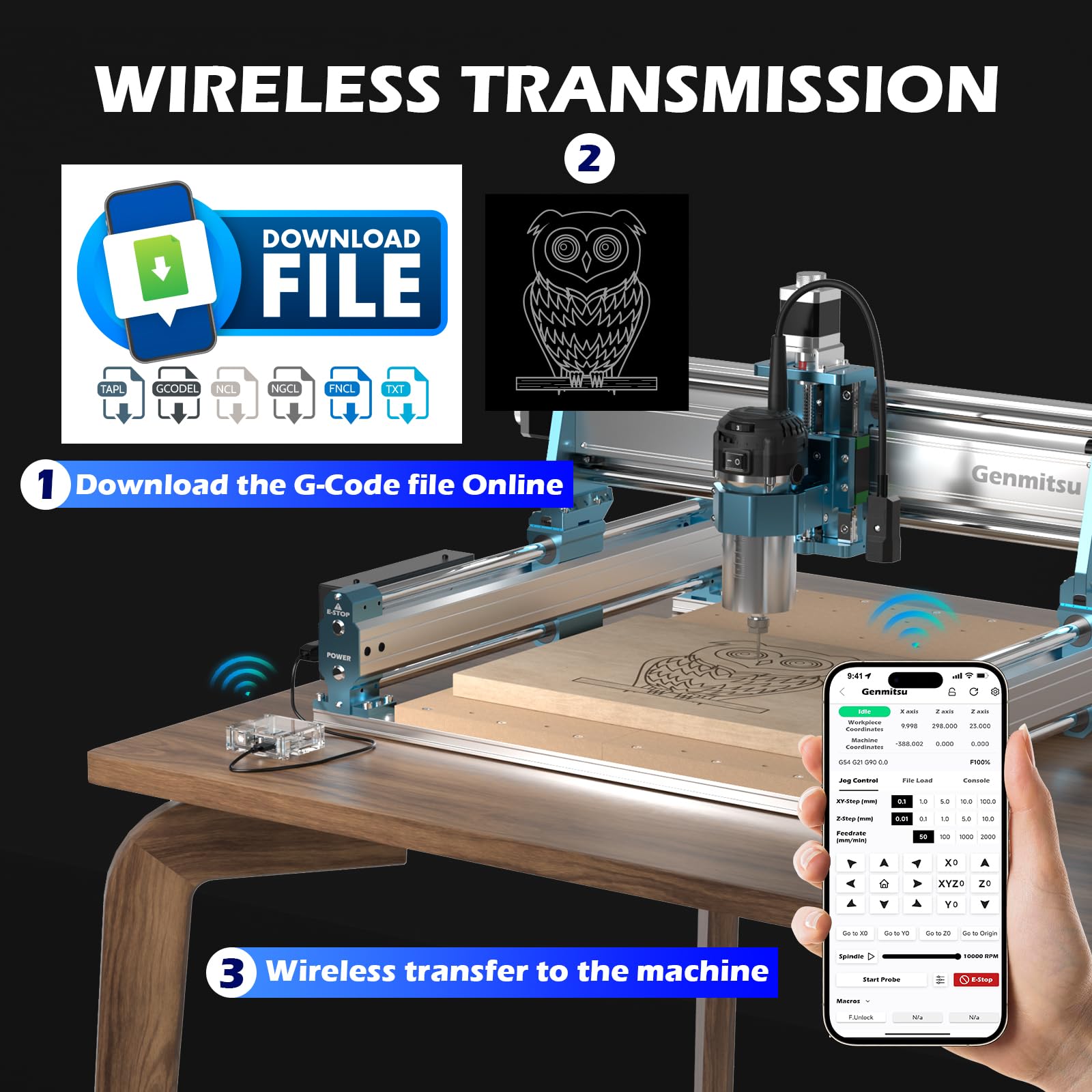Genmitsu GGW-USB bezprzewodowy zestaw modułów Wi-Fi z portem USB, wysyłanie kodów G, pilot zdalnego sterowania i monitorowania, sterownik offline do wszystkich maszyn CNC Genmitsu