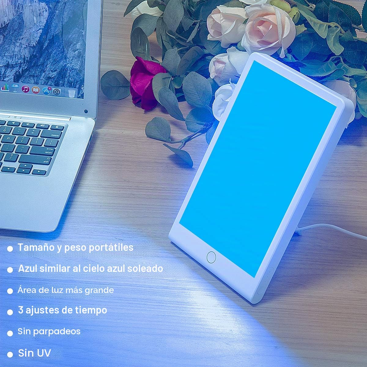 Lámpara de terapia de luz, SMY Iluminación de luz azul y luz LED azul ajustable, Tablet One Touch con temporizador, 100% libre de rayos UV