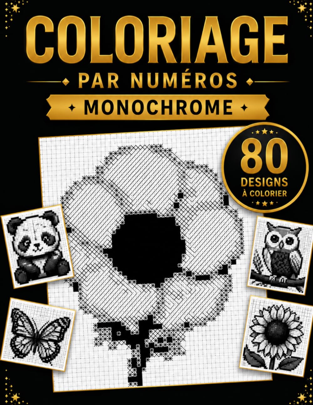 monochromes coloriage par numéro: Animaux Adorables et Magnifiques Fleurs en Pixel Art pour Adultes