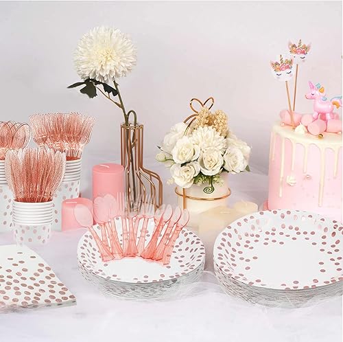 Miniatura 4 de AIRE 175 piezas de suministros de fiesta de oro blanco y rosa, 25 invitados, decoración de fiesta de oro rosa, platos de papel, servilletas, vasos,