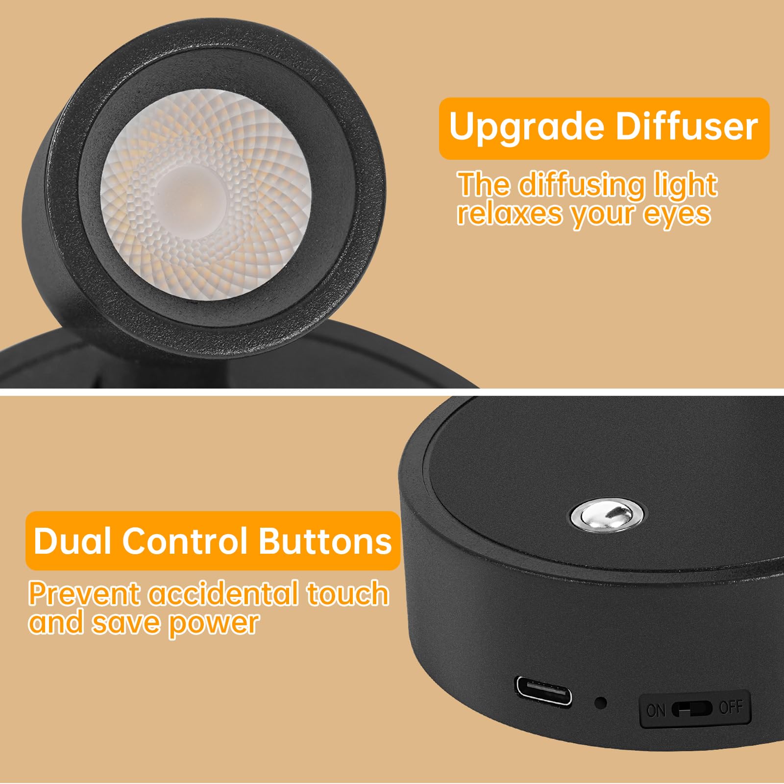 Applique Camera da Letto con Telecomando - Faretto a Batteria 3 Temperature di Colore - Faretto LED di Ricarica USB Intensità Variabile con Funzione Timer - Adatto per Arte, Piante, 4 Pezzo