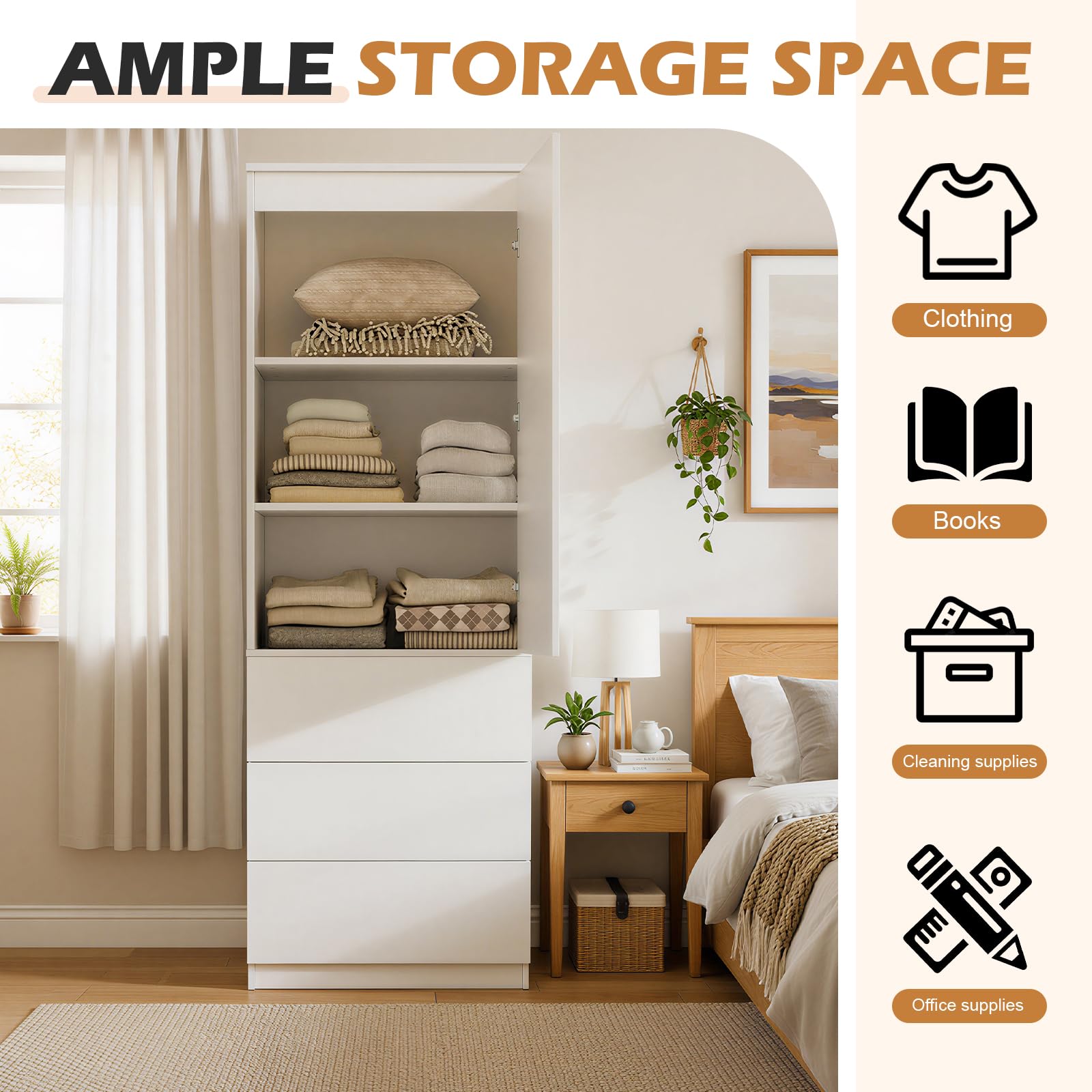 Kleiderschrank mit Spiegel,Mehrzweckschrank mit 3 Einlegeböden & 3 Schubladen, kompakter und funktionaler Schrank,Haushaltsschrank für Schlafzimmer, Flur oder Arbeitszimmer,180x50x40 cm,Weiß